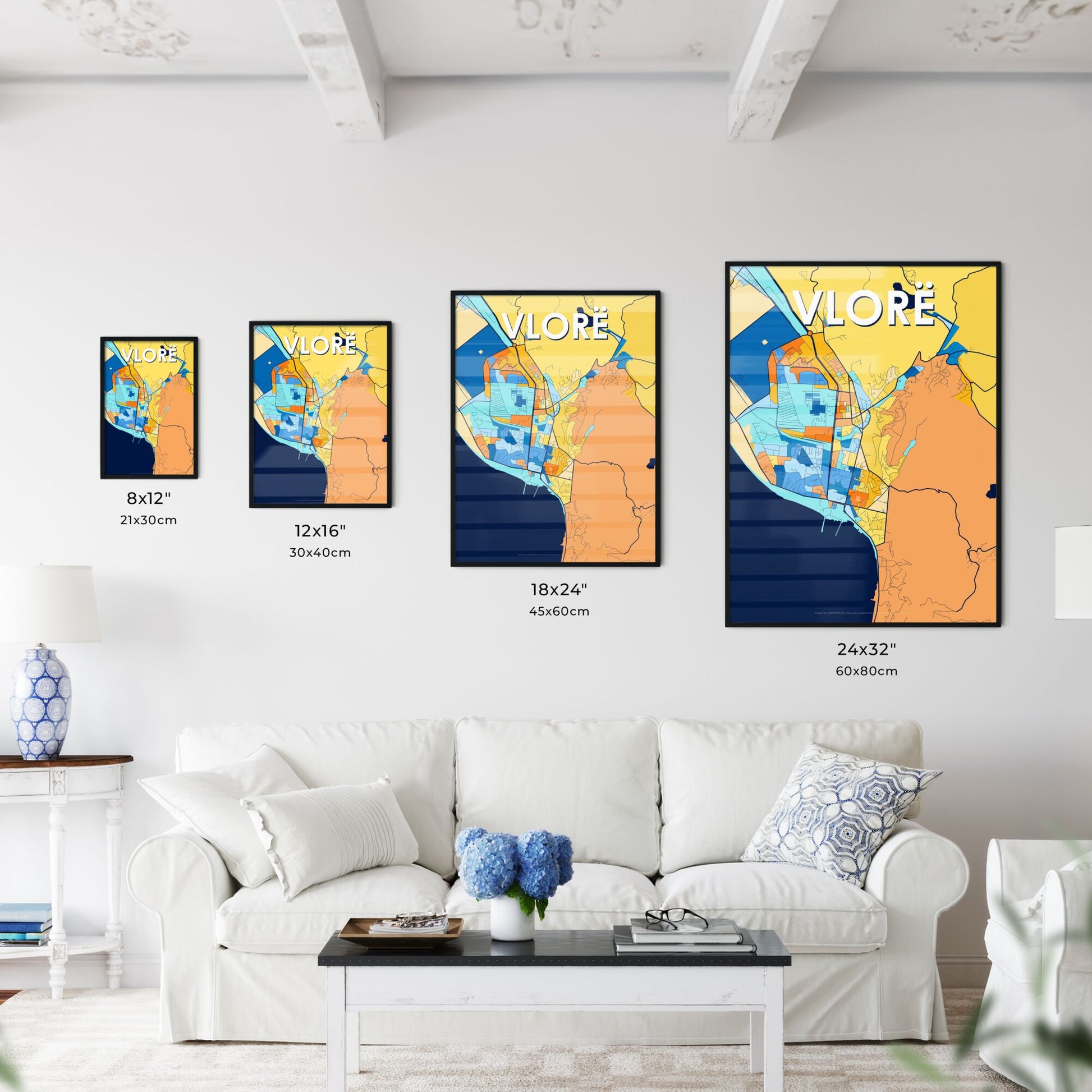 VLORË ALBANIA Vibrant Colorful Art Map Poster Blue Orange