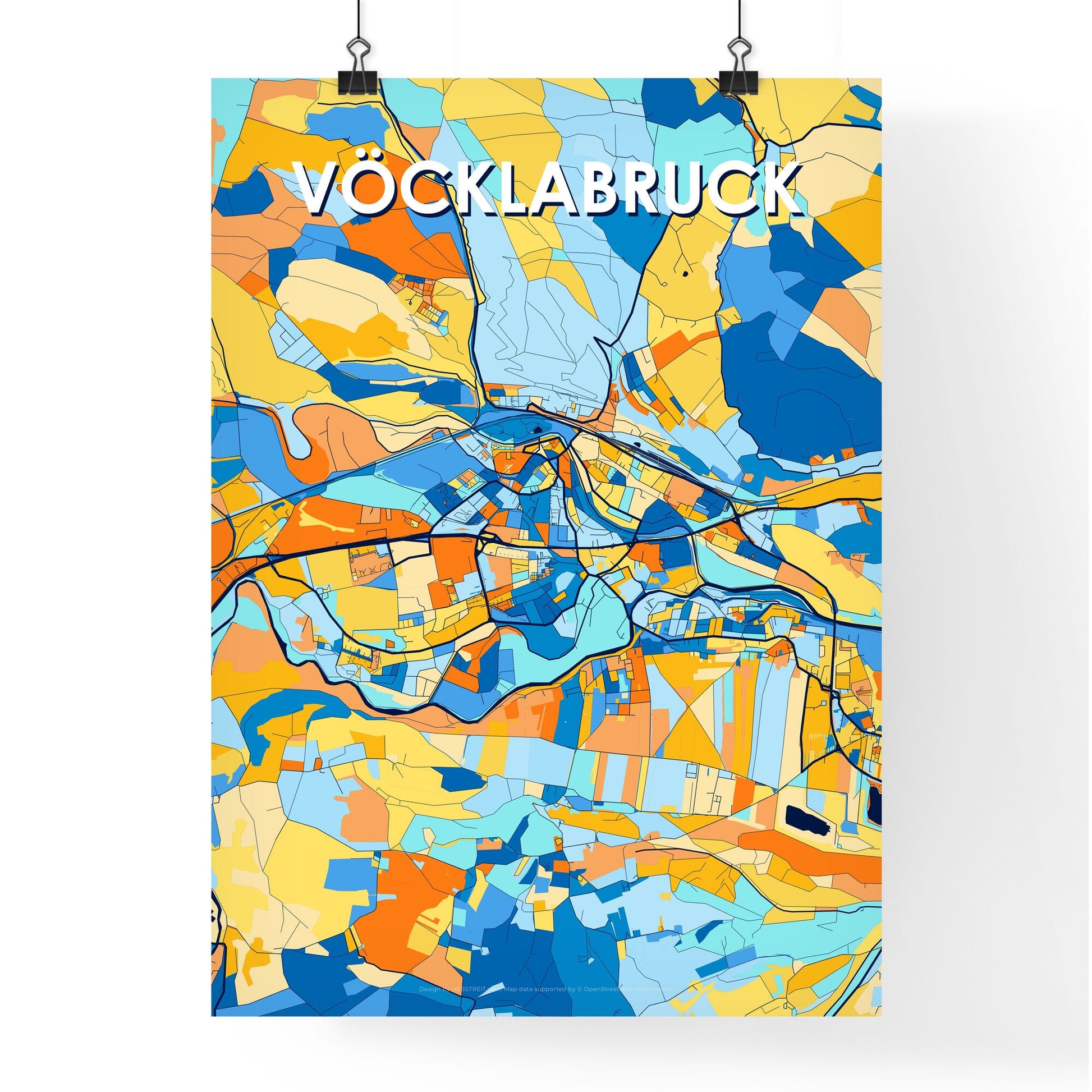 VÖCKLABRUCK AUSTRIA Vibrant Colorful Art Map Poster Blue Orange