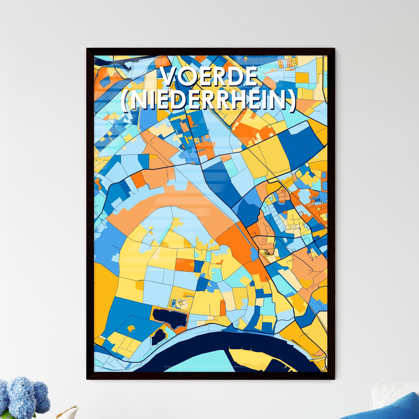 VOERDE (NIEDERRHEIN) GERMANY Vibrant Colorful Art Map Poster Blue Orange