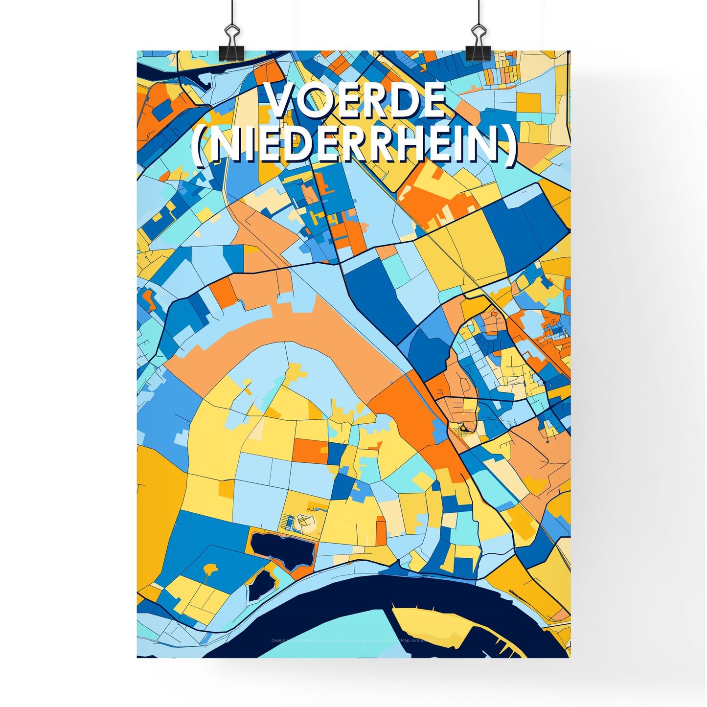 VOERDE (NIEDERRHEIN) GERMANY Vibrant Colorful Art Map Poster Blue Orange