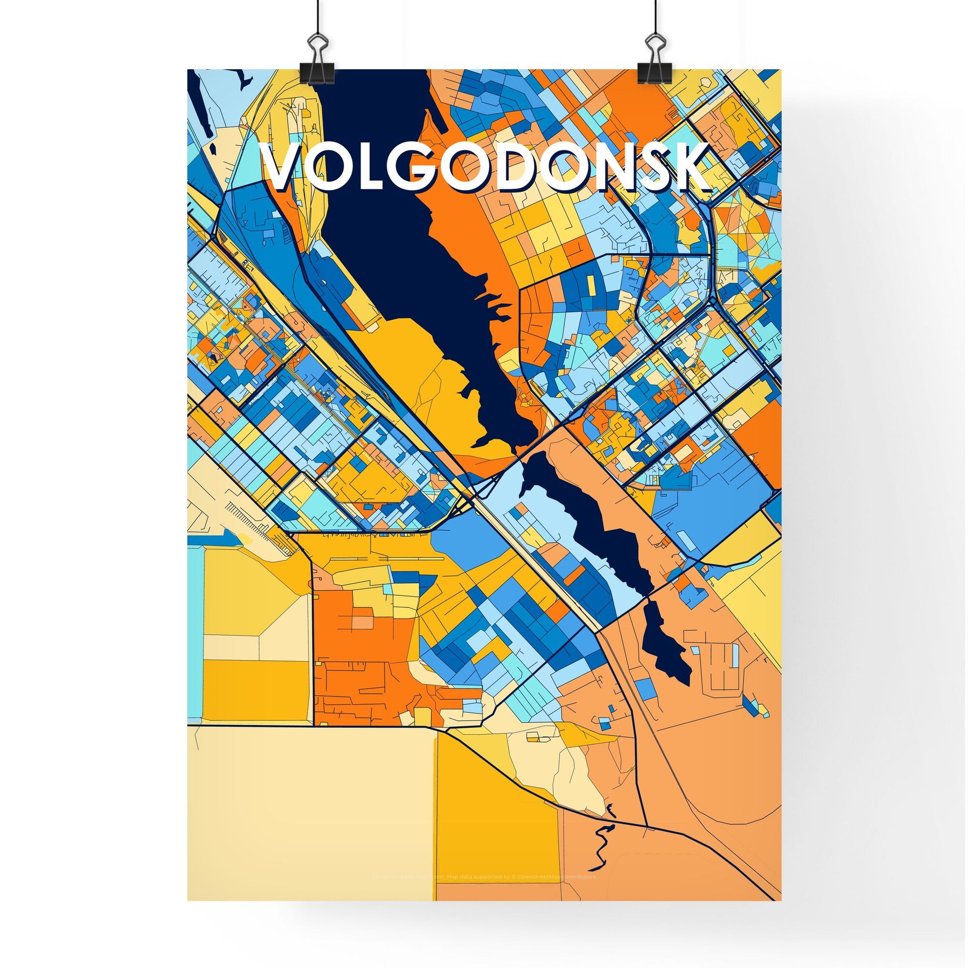 VOLGODONSK RUSSIA Vibrant Colorful Art Map Poster Blue Orange