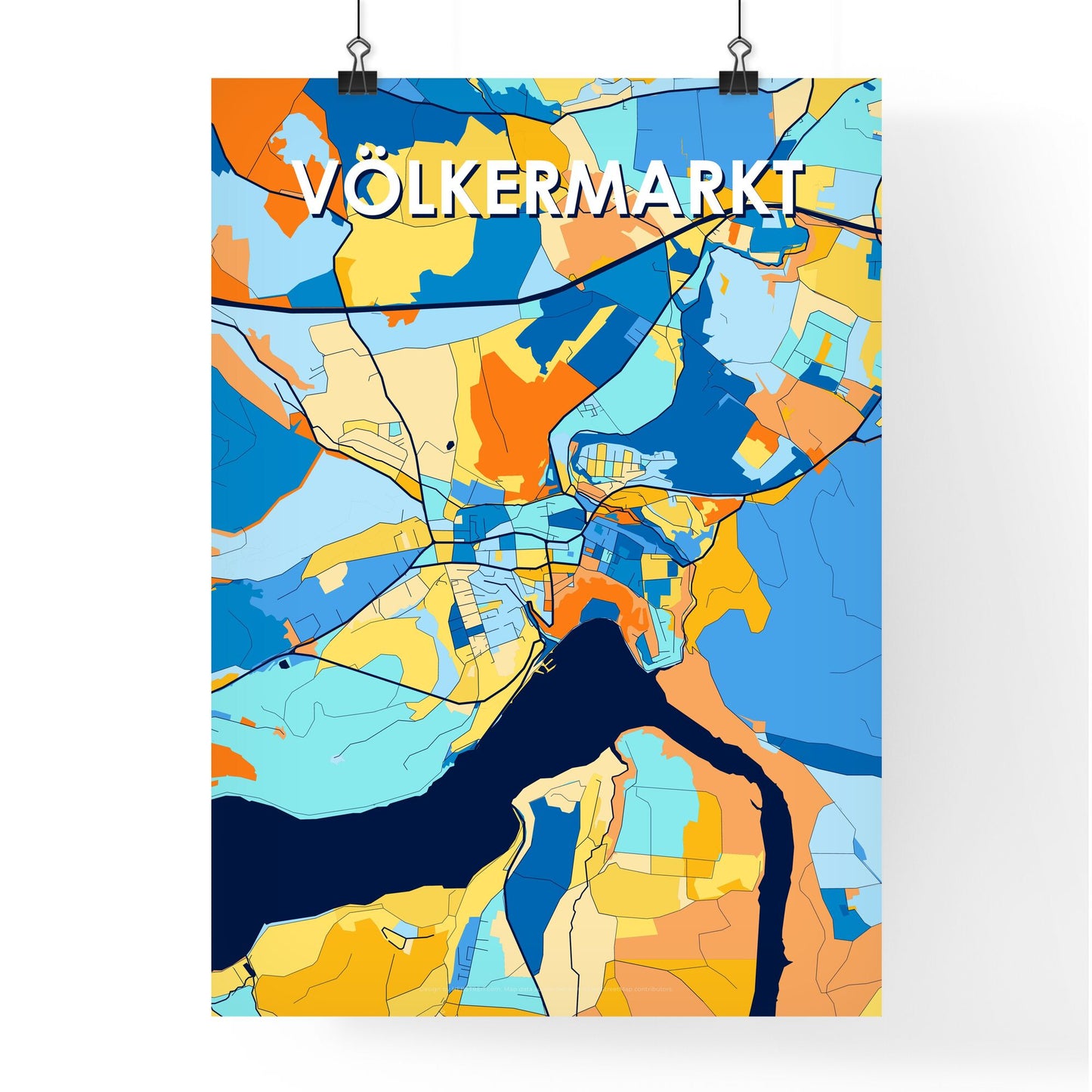 VÖLKERMARKT AUSTRIA Vibrant Colorful Art Map Poster Blue Orange