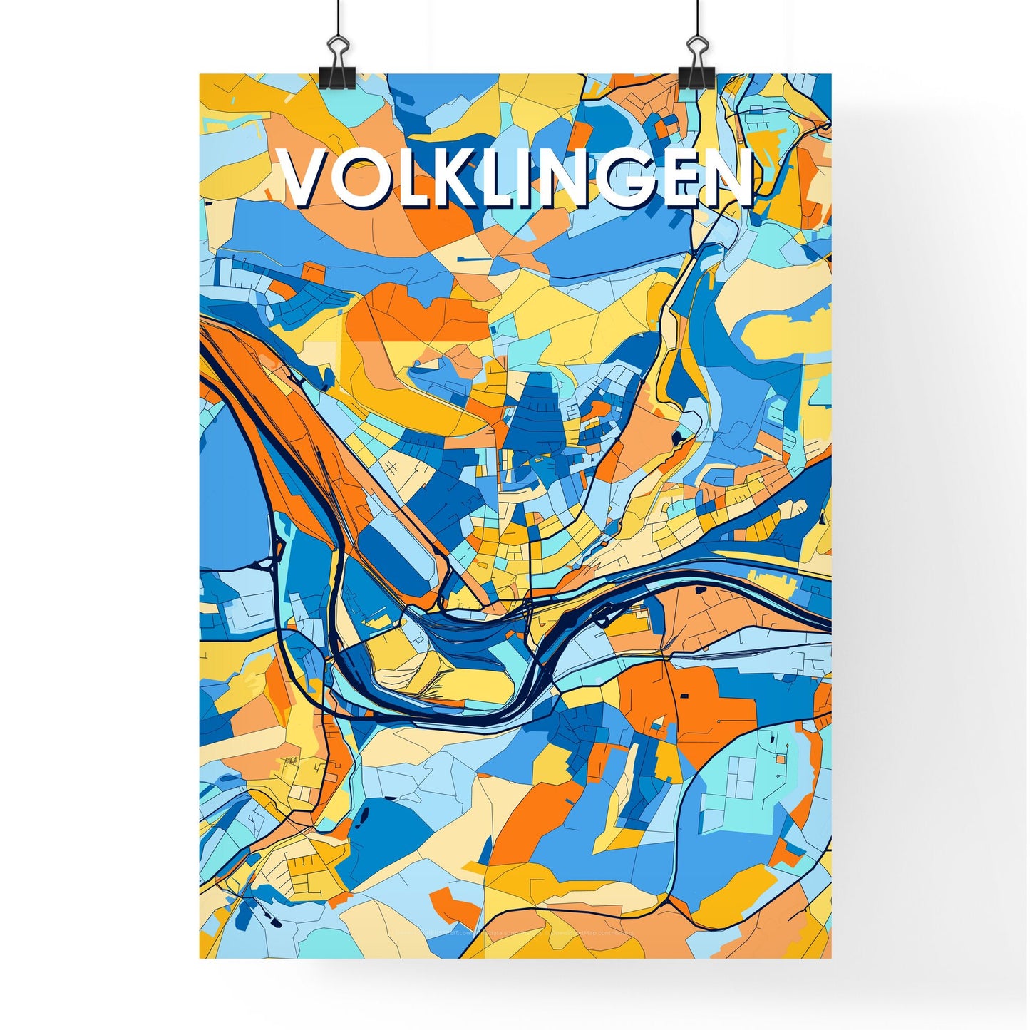 VOLKLINGEN GERMANY Vibrant Colorful Art Map Poster Blue Orange