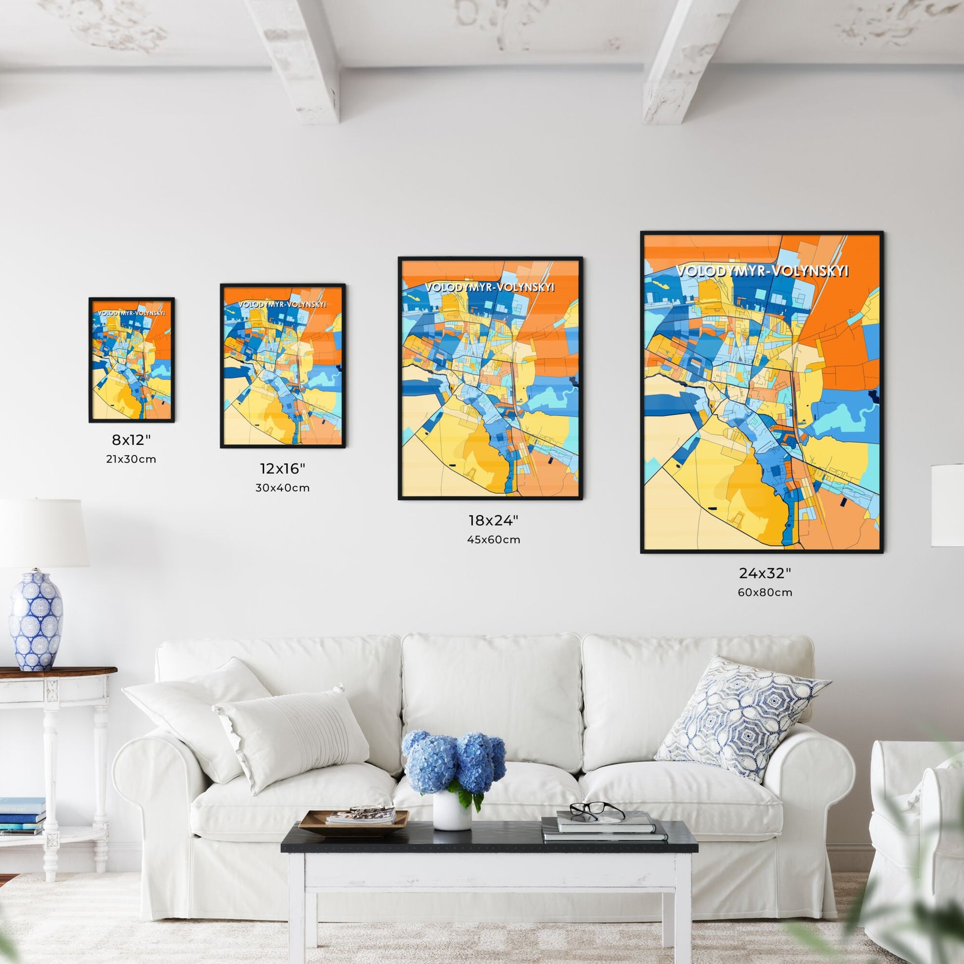 VOLODYMYR-VOLYNSKYI UKRAINE Vibrant Colorful Art Map Poster Blue Orange