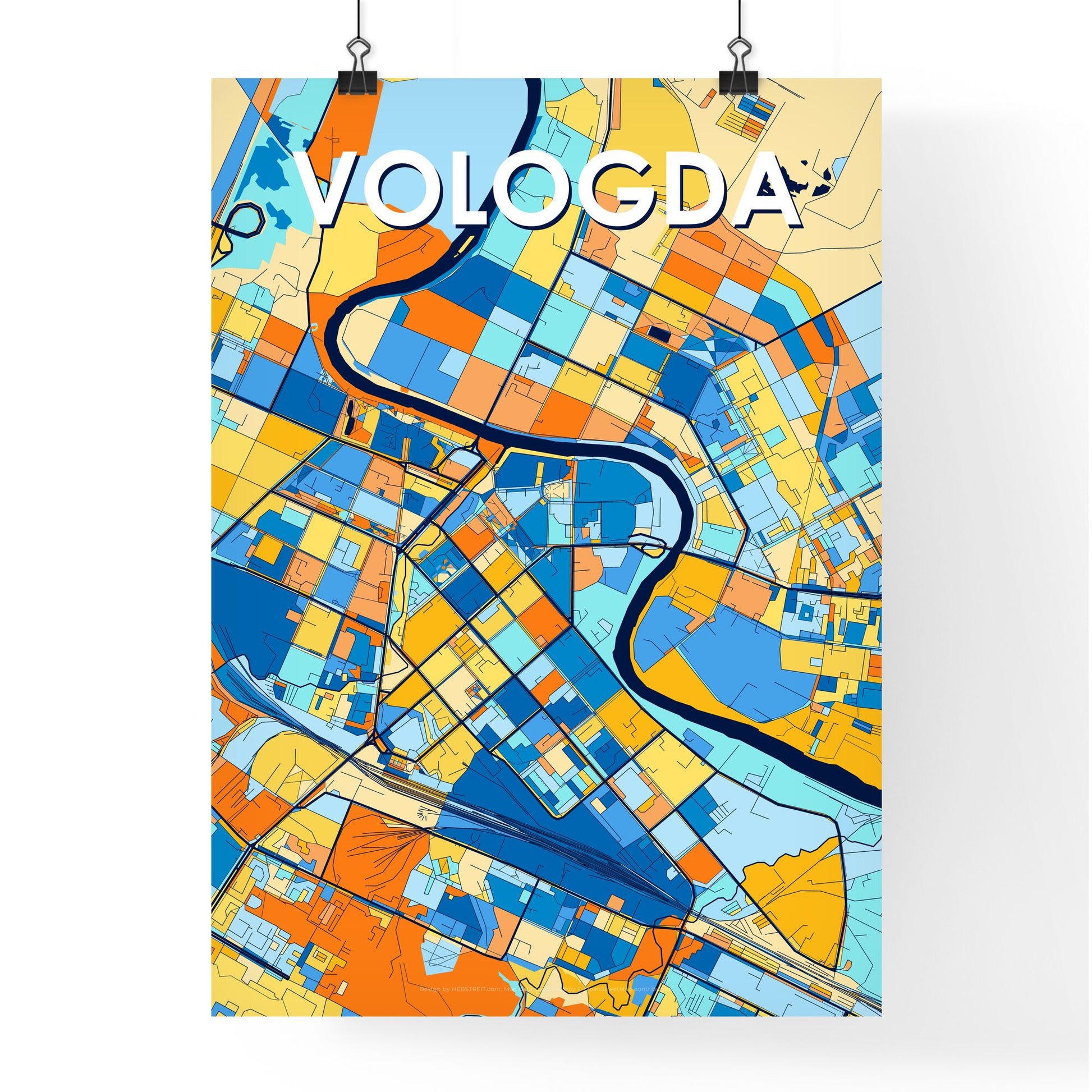 VOLOGDA RUSSIA Vibrant Colorful Art Map Poster Blue Orange