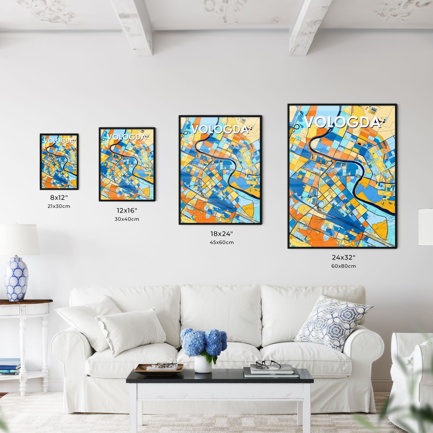 VOLOGDA RUSSIA Vibrant Colorful Art Map Poster Blue Orange