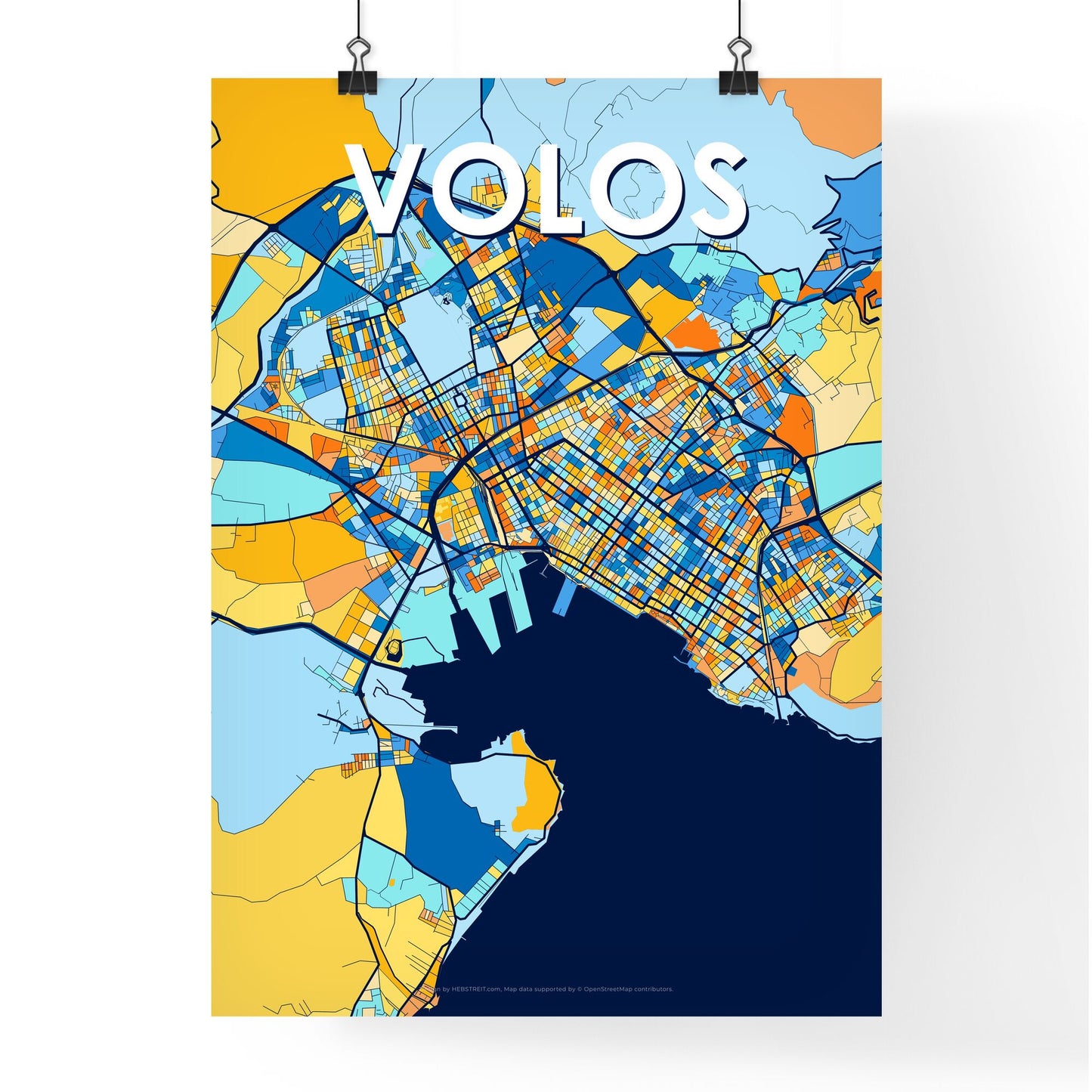 VOLOS GREECE Vibrant Colorful Art Map Poster Blue Orange