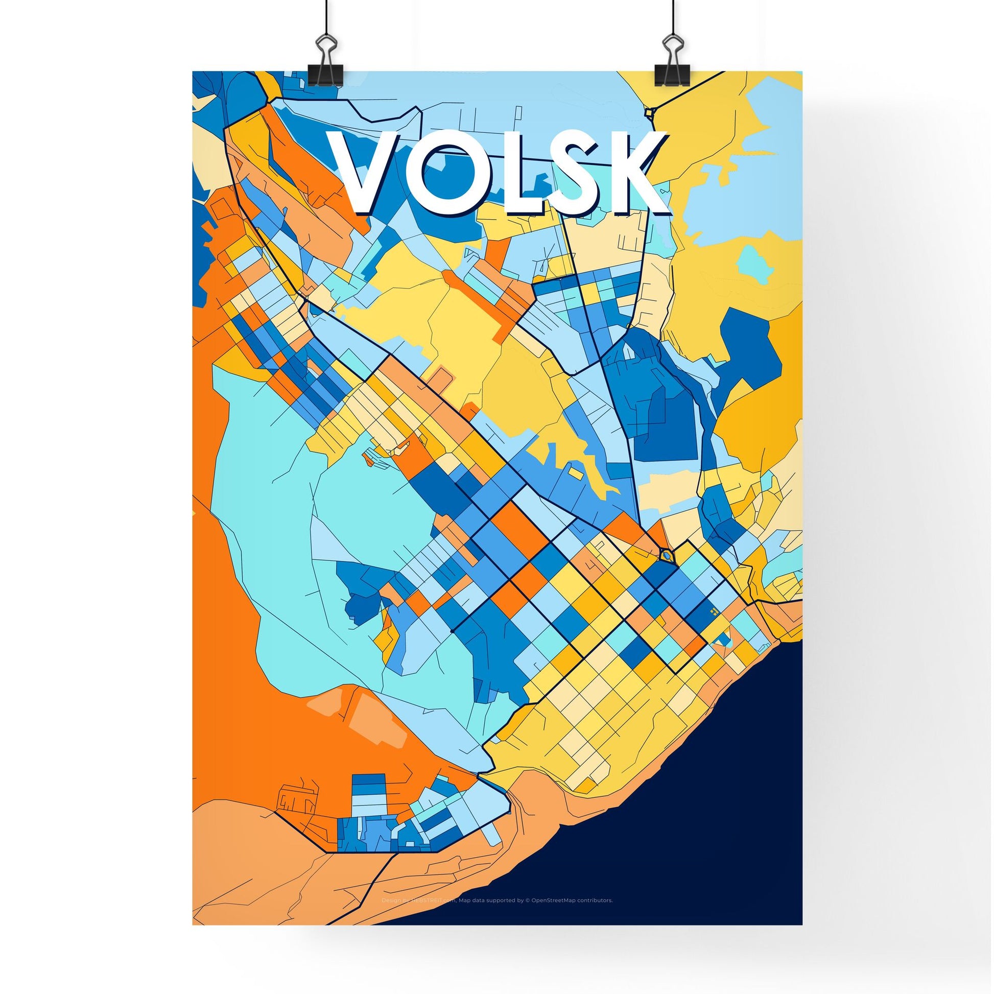 VOLSK RUSSIA Vibrant Colorful Art Map Poster Blue Orange