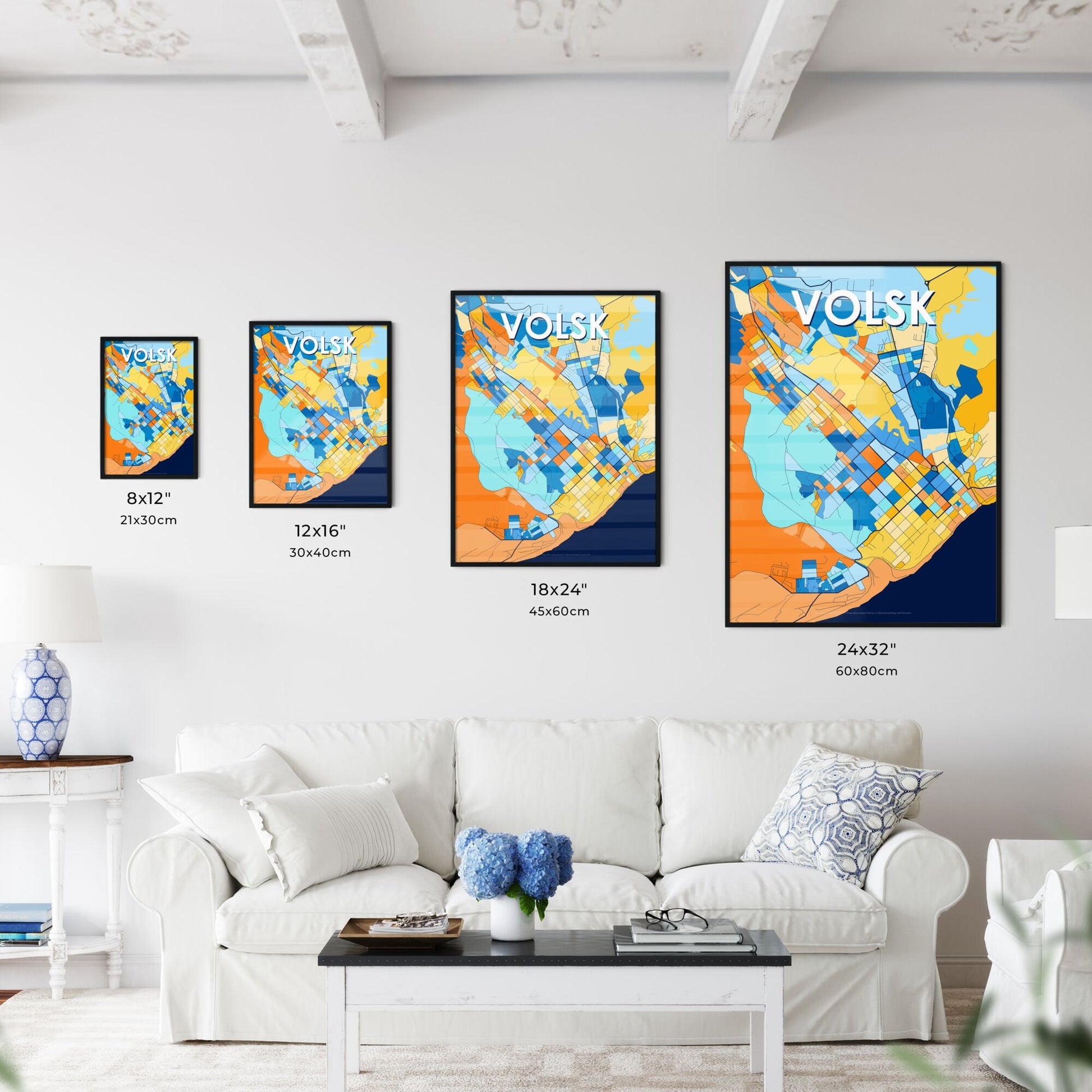 VOLSK RUSSIA Vibrant Colorful Art Map Poster Blue Orange