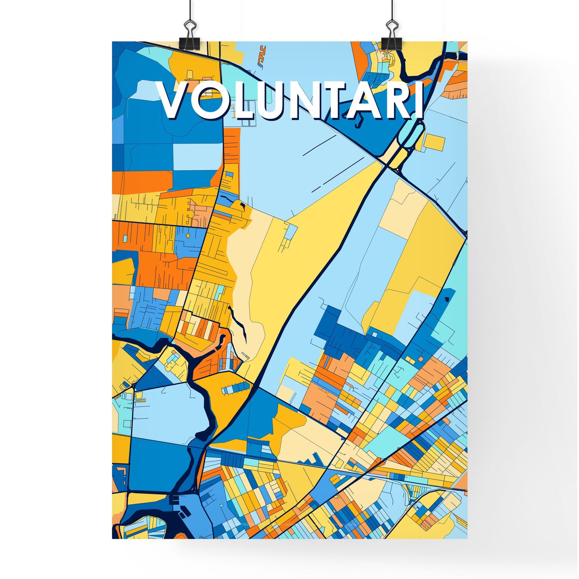 VOLUNTARI ROMANIA Vibrant Colorful Art Map Poster Blue Orange