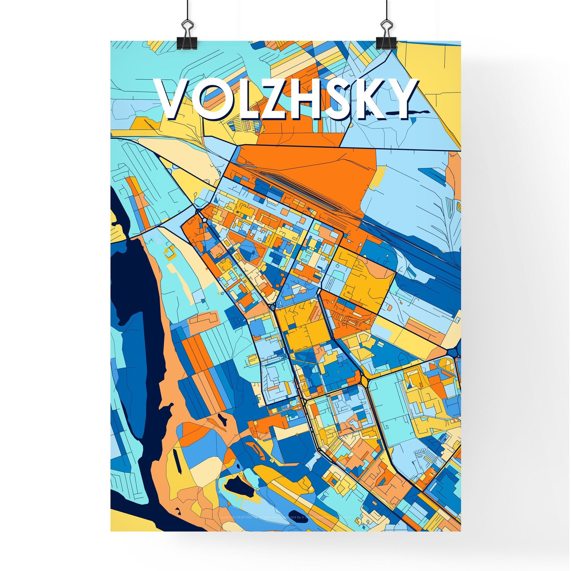 VOLZHSKY RUSSIA Vibrant Colorful Art Map Poster Blue Orange