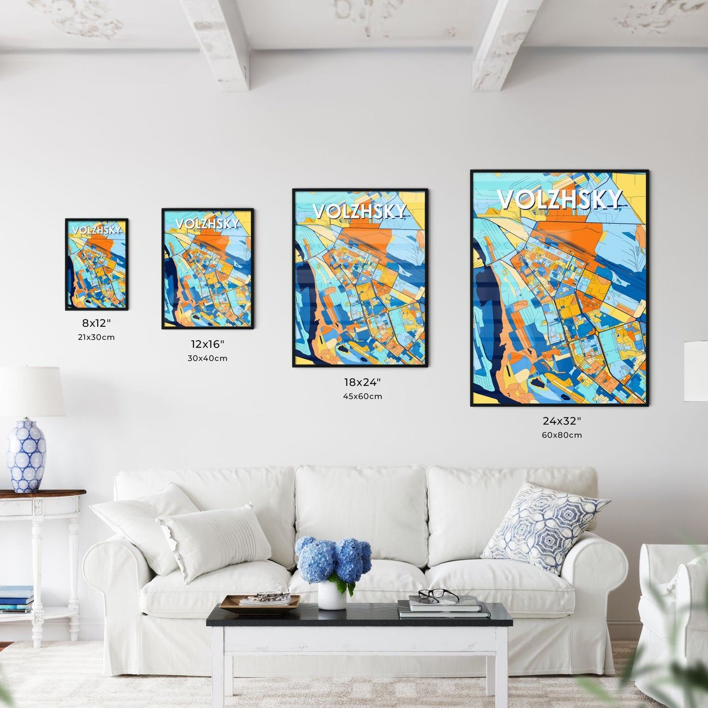 VOLZHSKY RUSSIA Vibrant Colorful Art Map Poster Blue Orange