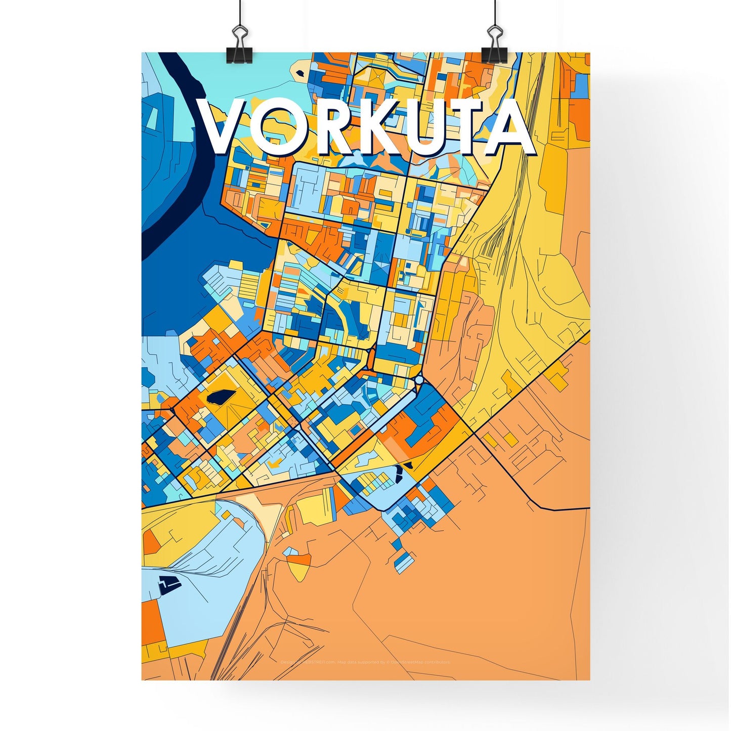 VORKUTA RUSSIA Vibrant Colorful Art Map Poster Blue Orange