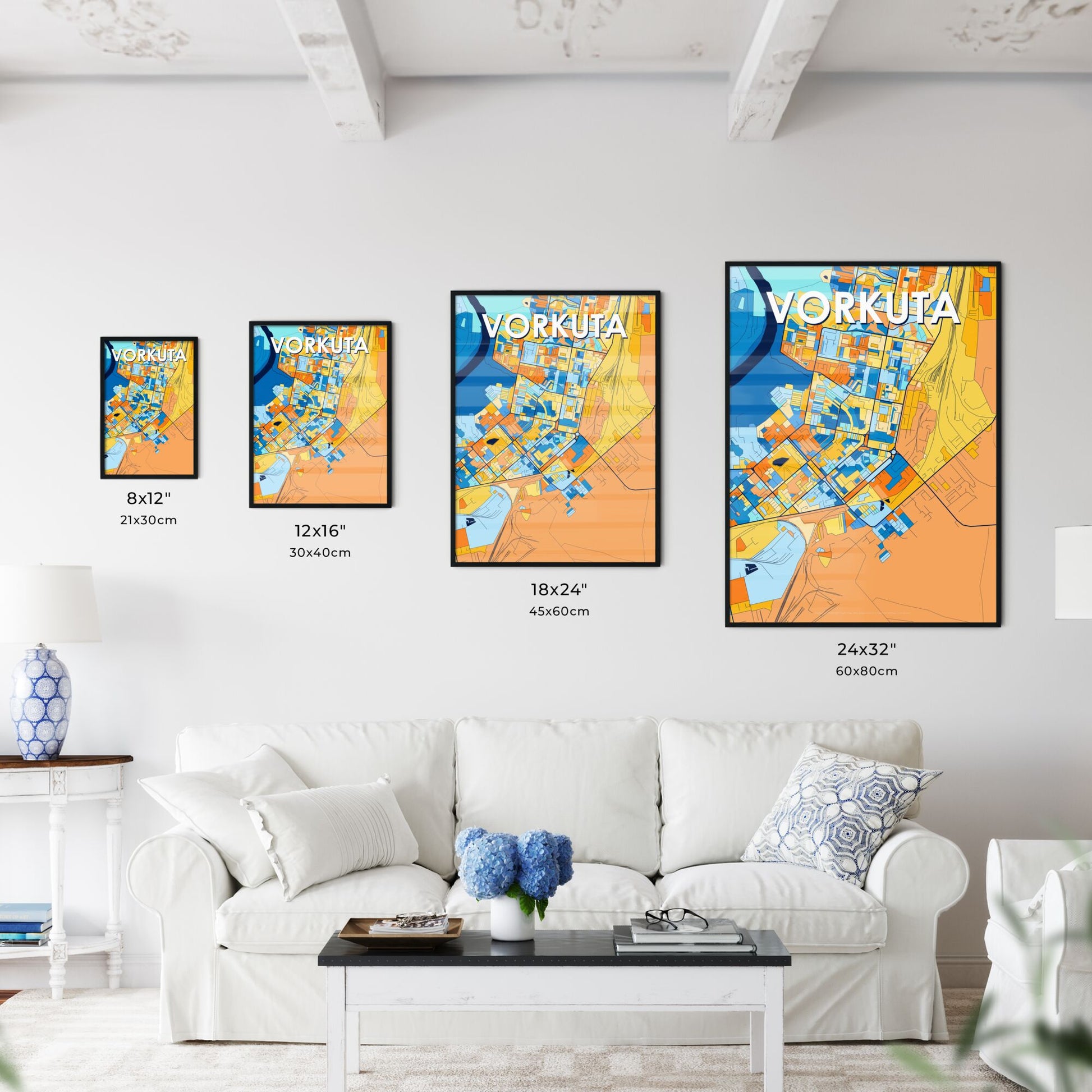 VORKUTA RUSSIA Vibrant Colorful Art Map Poster Blue Orange