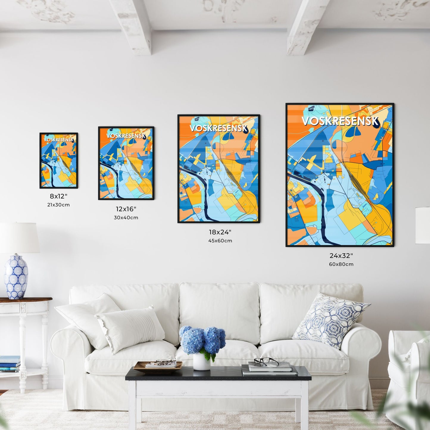 VOSKRESENSK RUSSIA Vibrant Colorful Art Map Poster Blue Orange