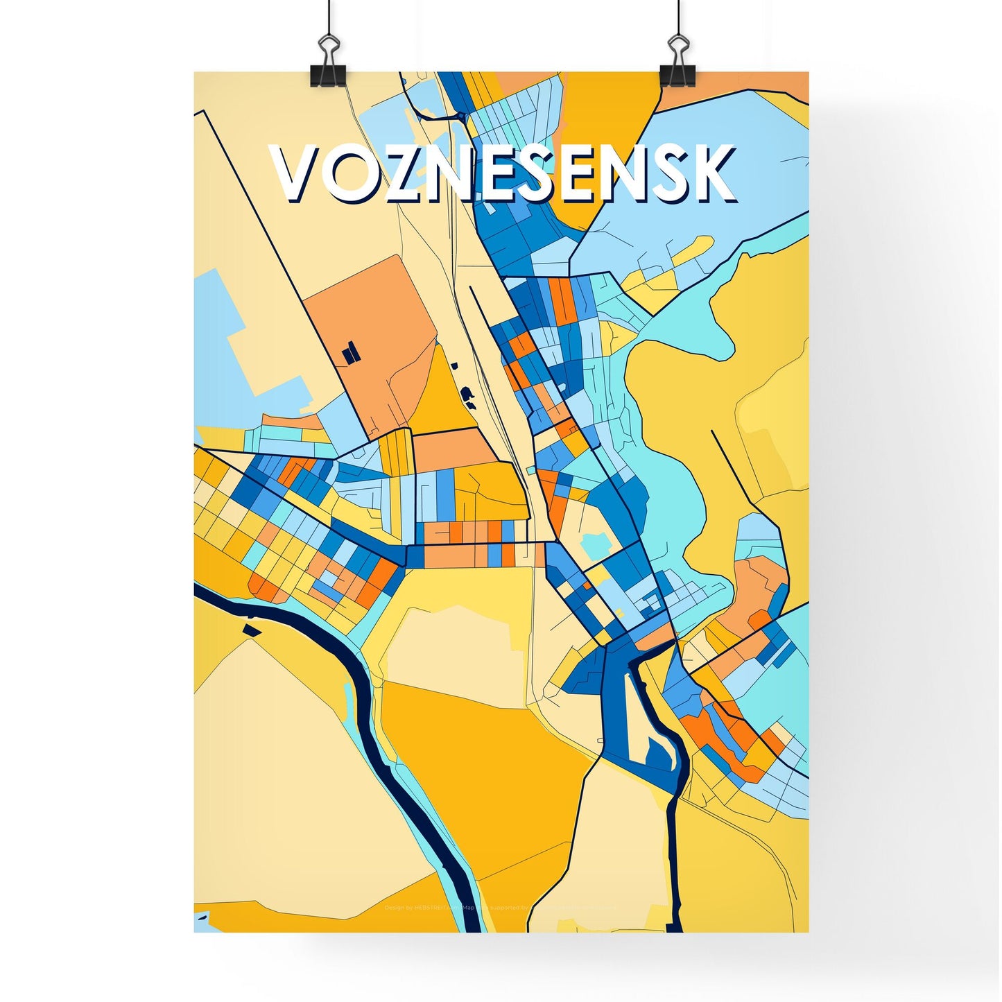 VOZNESENSK UKRAINE Vibrant Colorful Art Map Poster Blue Orange