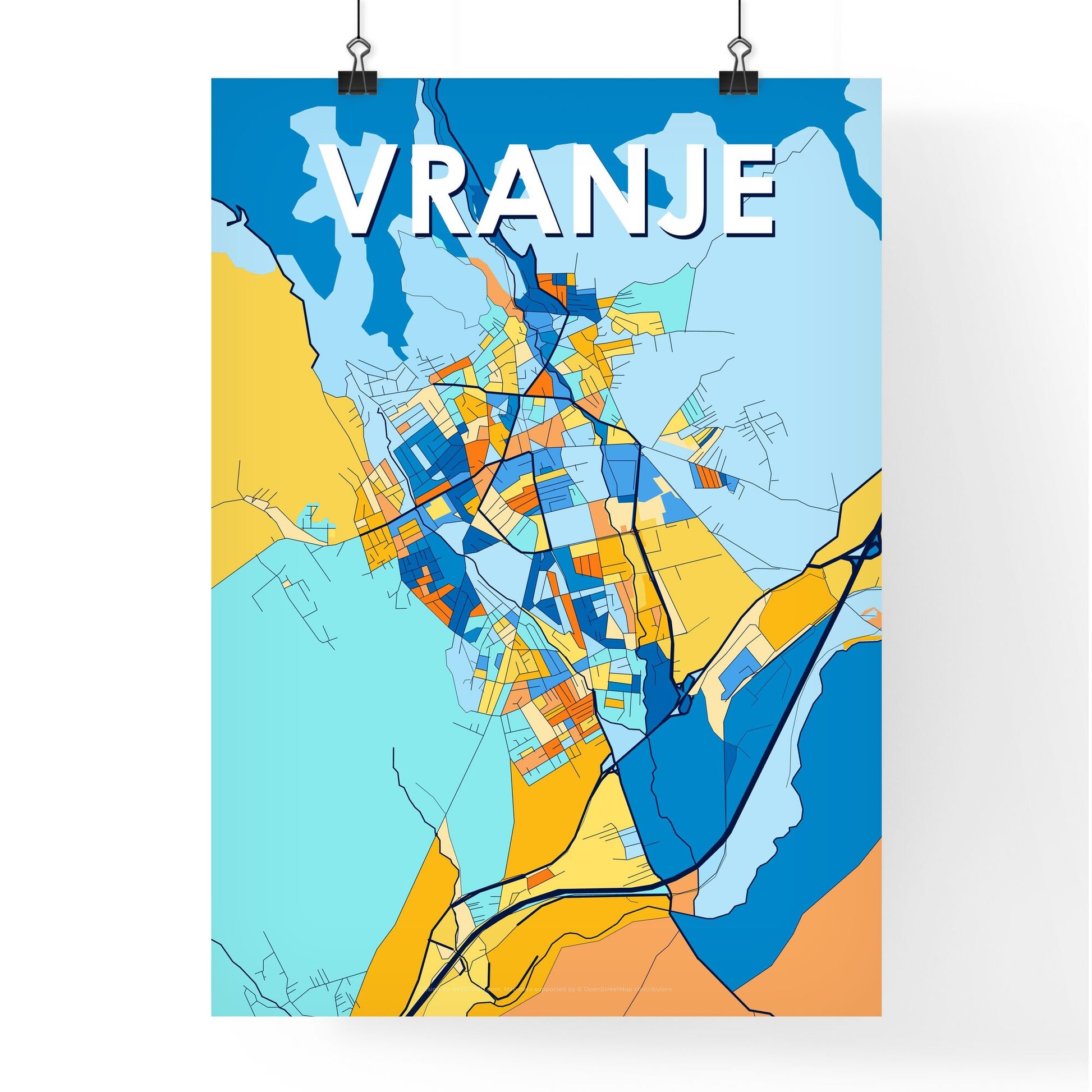 VRANJE SERBIA Vibrant Colorful Art Map Poster Blue Orange