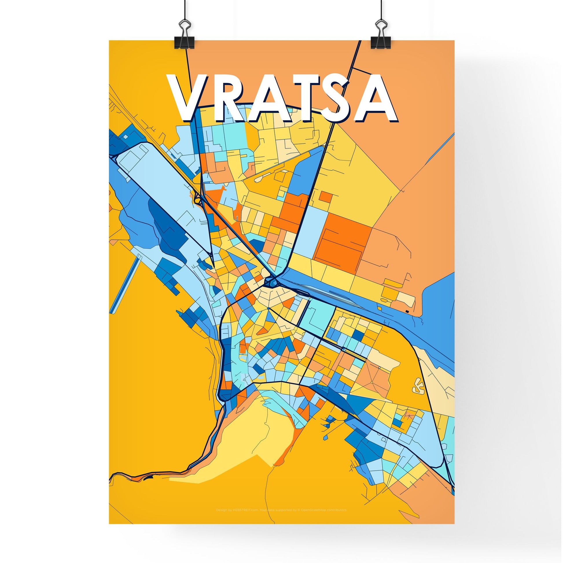 VRATSA BULGARIA Vibrant Colorful Art Map Poster Blue Orange