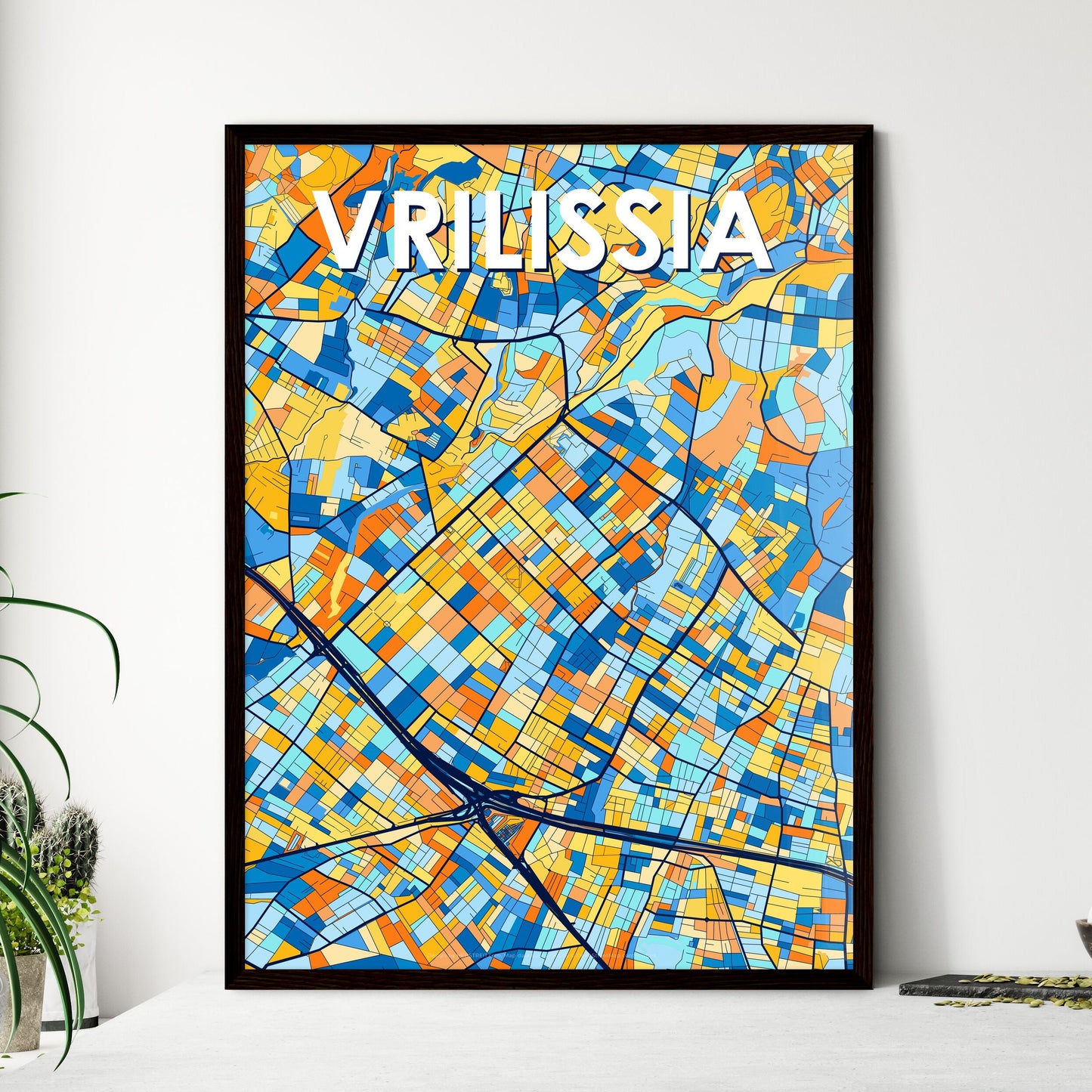 VRILISSIA GREECE Vibrant Colorful Art Map Poster Blue Orange