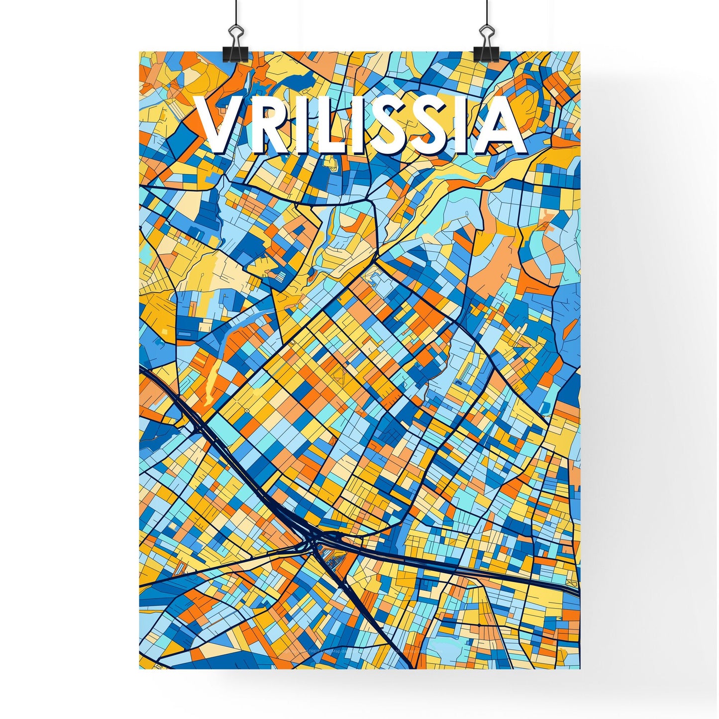 VRILISSIA GREECE Vibrant Colorful Art Map Poster Blue Orange