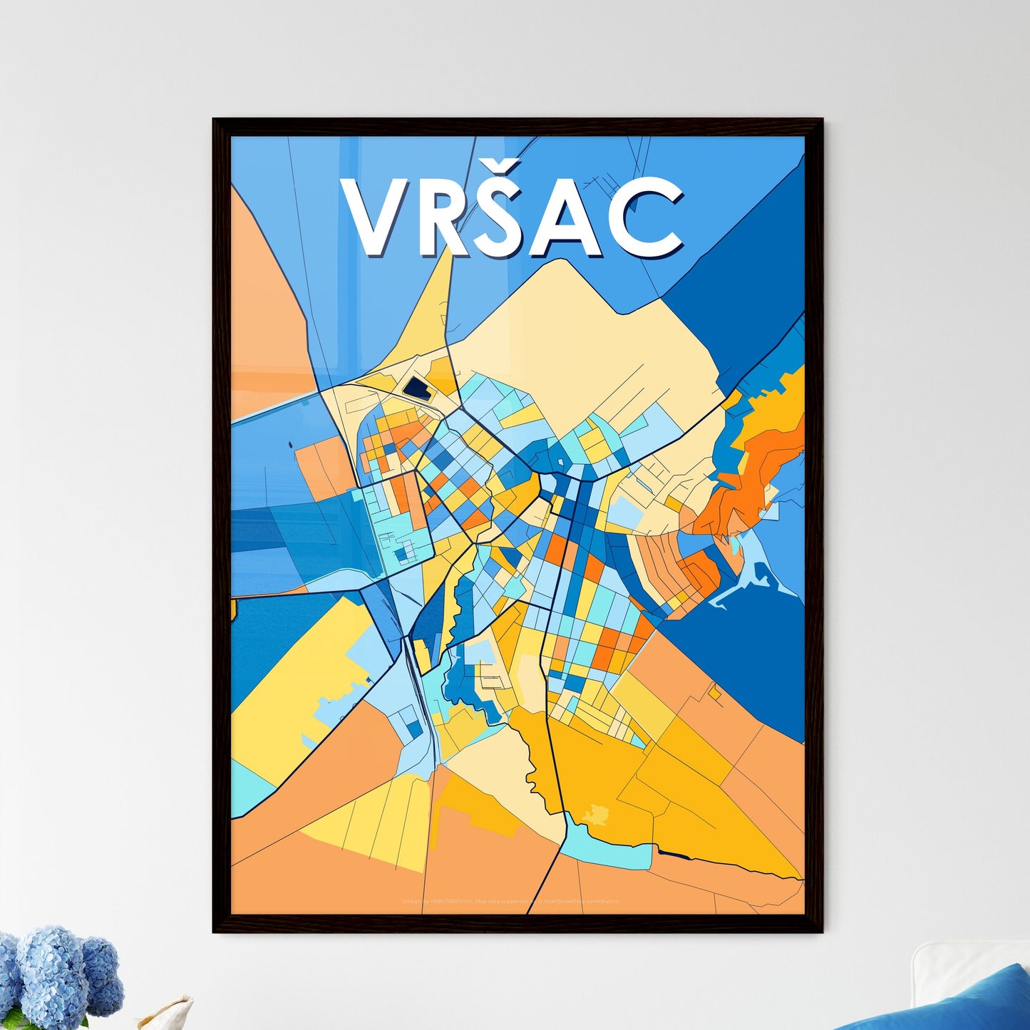 VRŠAC SERBIA Vibrant Colorful Art Map Poster Blue Orange