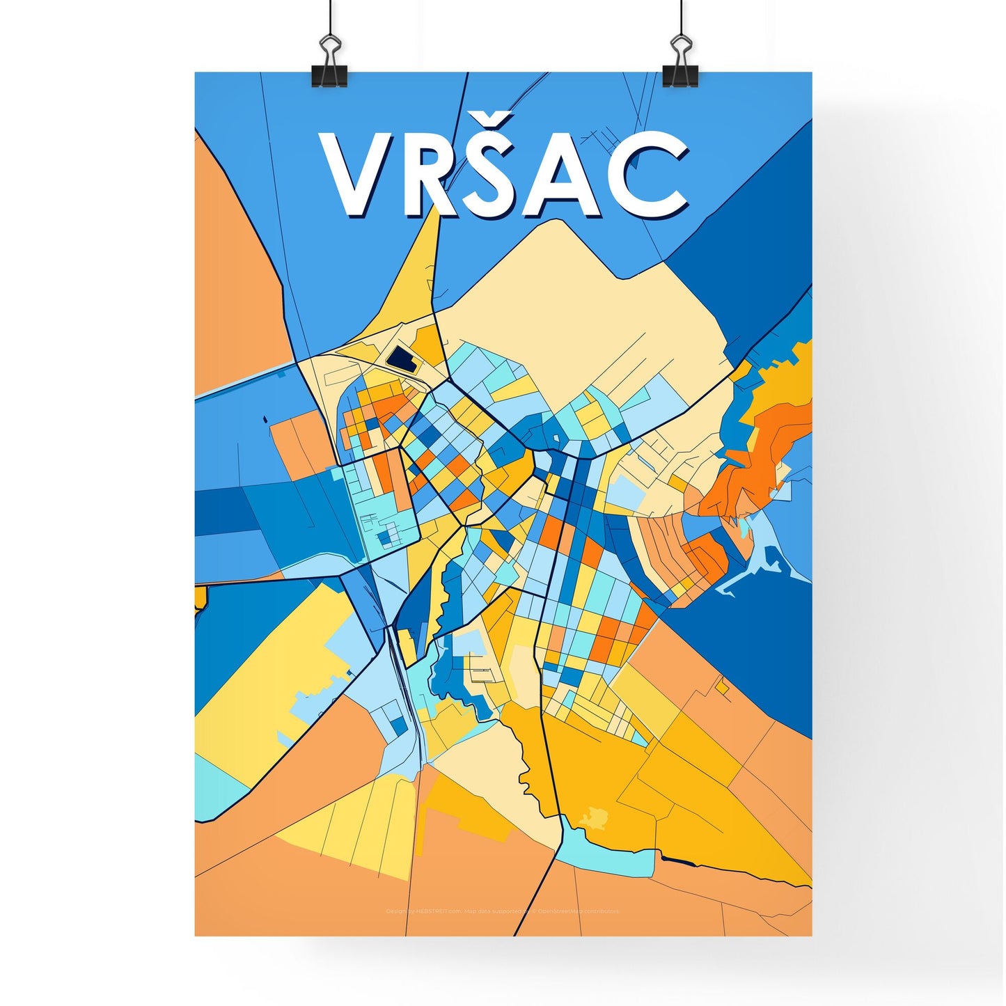 VRŠAC SERBIA Vibrant Colorful Art Map Poster Blue Orange