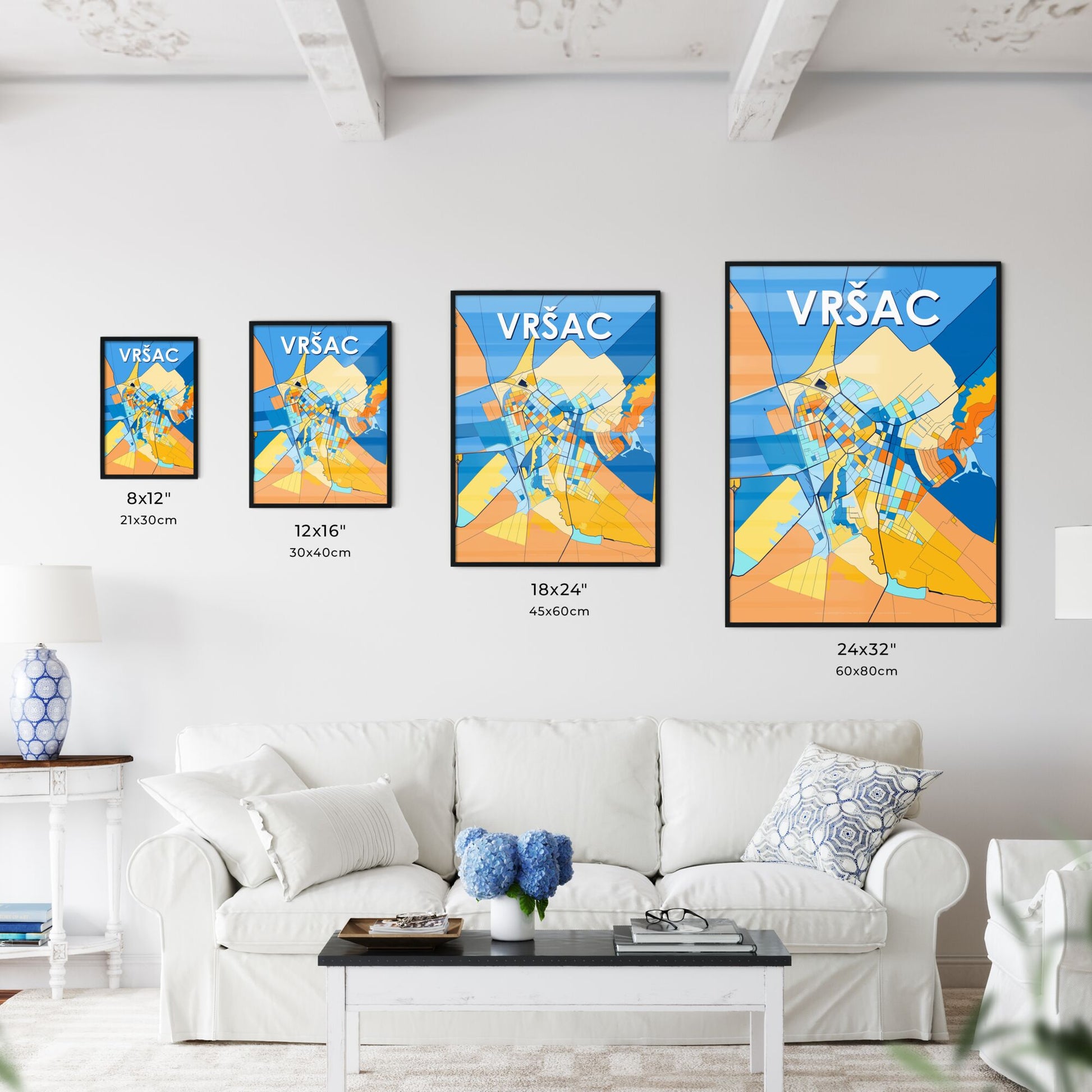 VRŠAC SERBIA Vibrant Colorful Art Map Poster Blue Orange