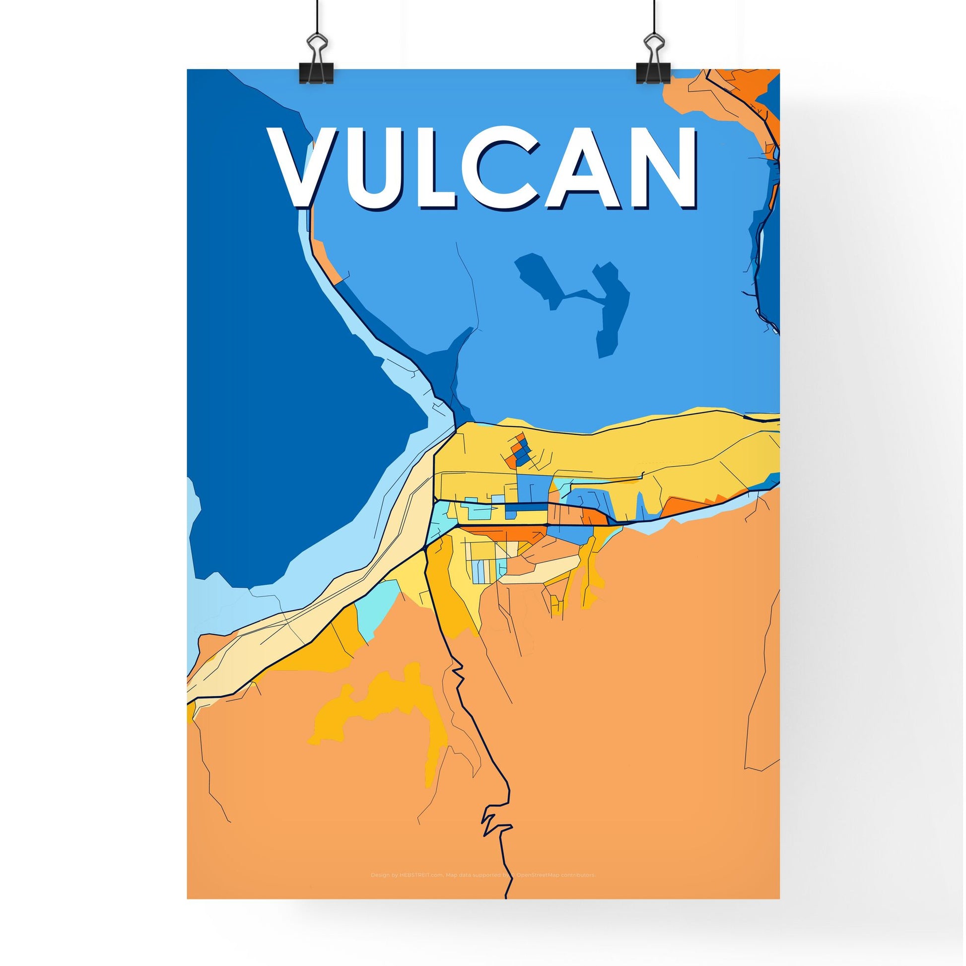 VULCAN ROMANIA Vibrant Colorful Art Map Poster Blue Orange