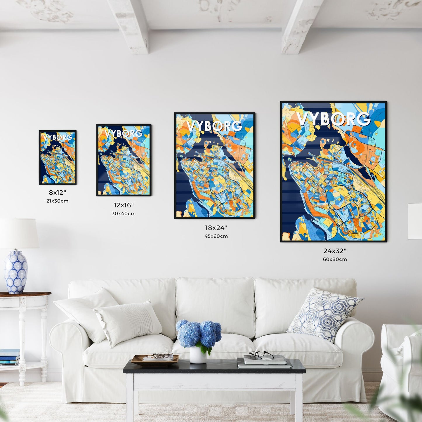 VYBORG RUSSIA Vibrant Colorful Art Map Poster Blue Orange