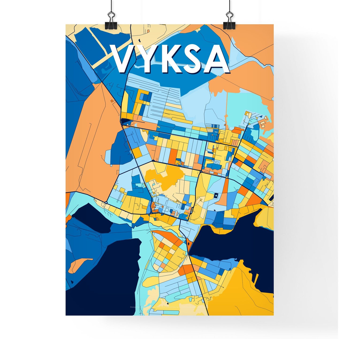 VYKSA RUSSIA Vibrant Colorful Art Map Poster Blue Orange