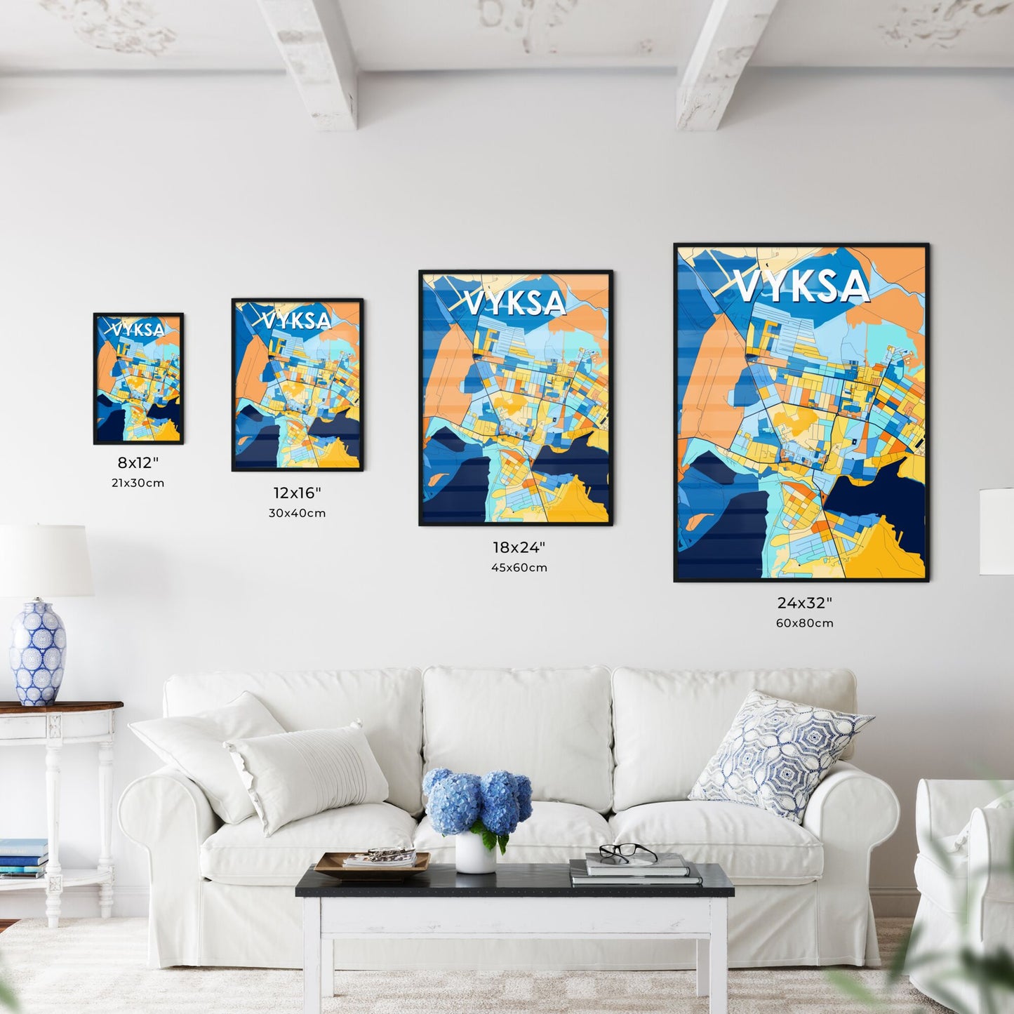 VYKSA RUSSIA Vibrant Colorful Art Map Poster Blue Orange