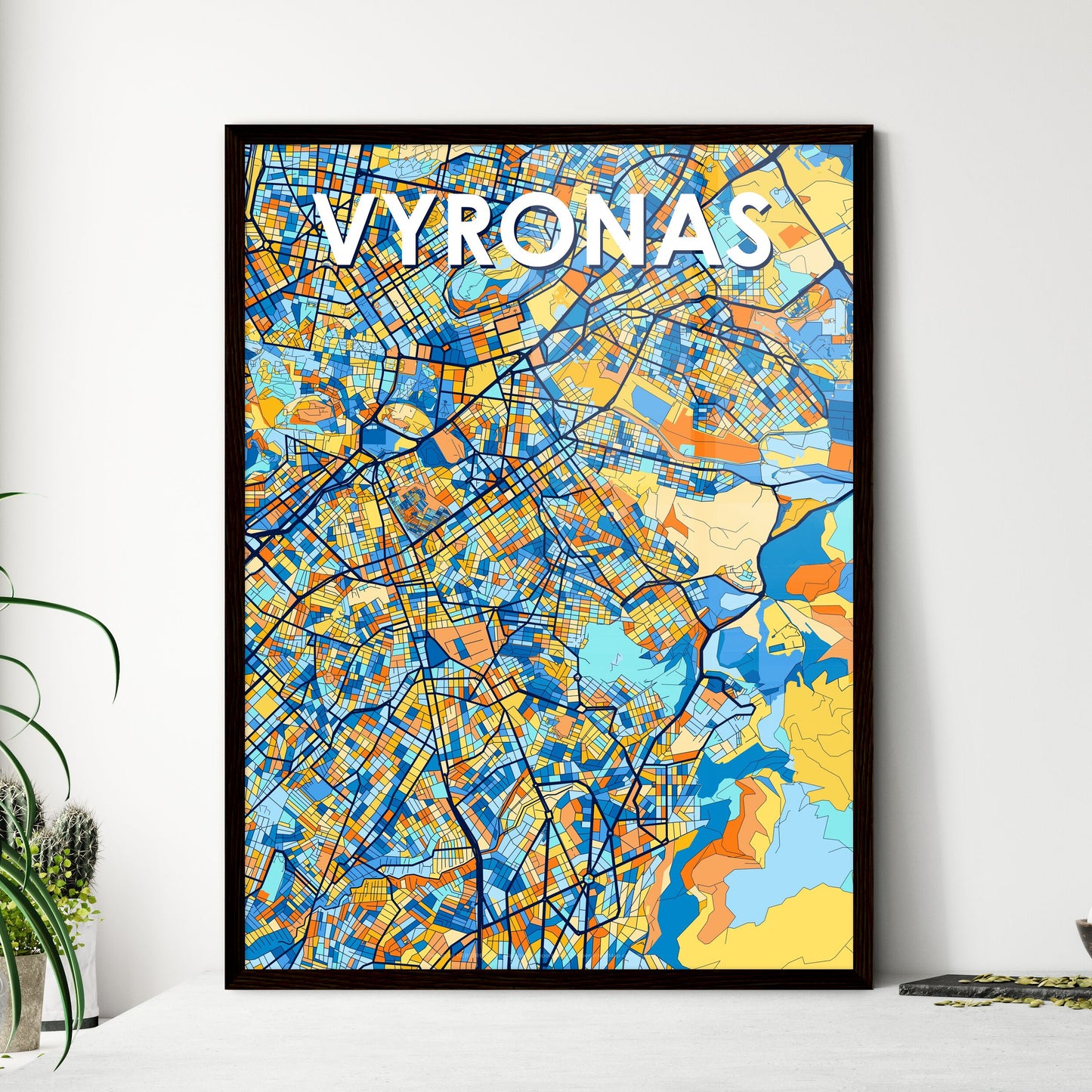 VYRONAS GREECE Vibrant Colorful Art Map Poster Blue Orange