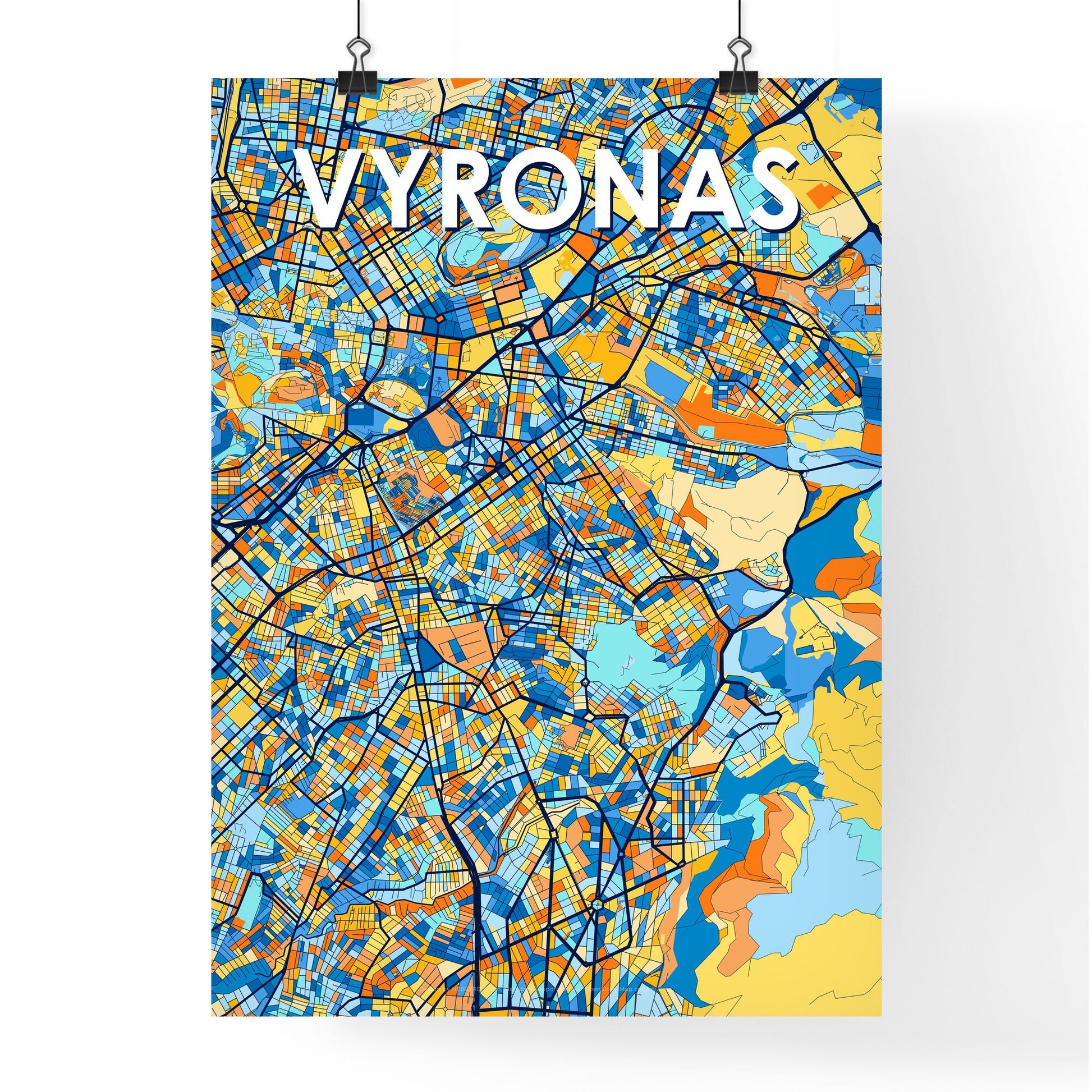 VYRONAS GREECE Vibrant Colorful Art Map Poster Blue Orange