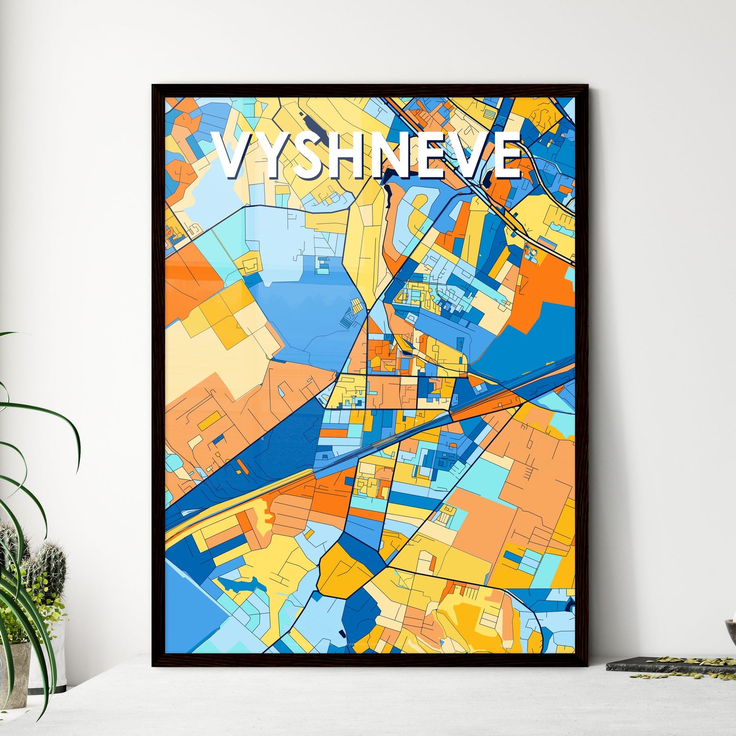 VYSHNEVE UKRAINE Vibrant Colorful Art Map Poster Blue Orange