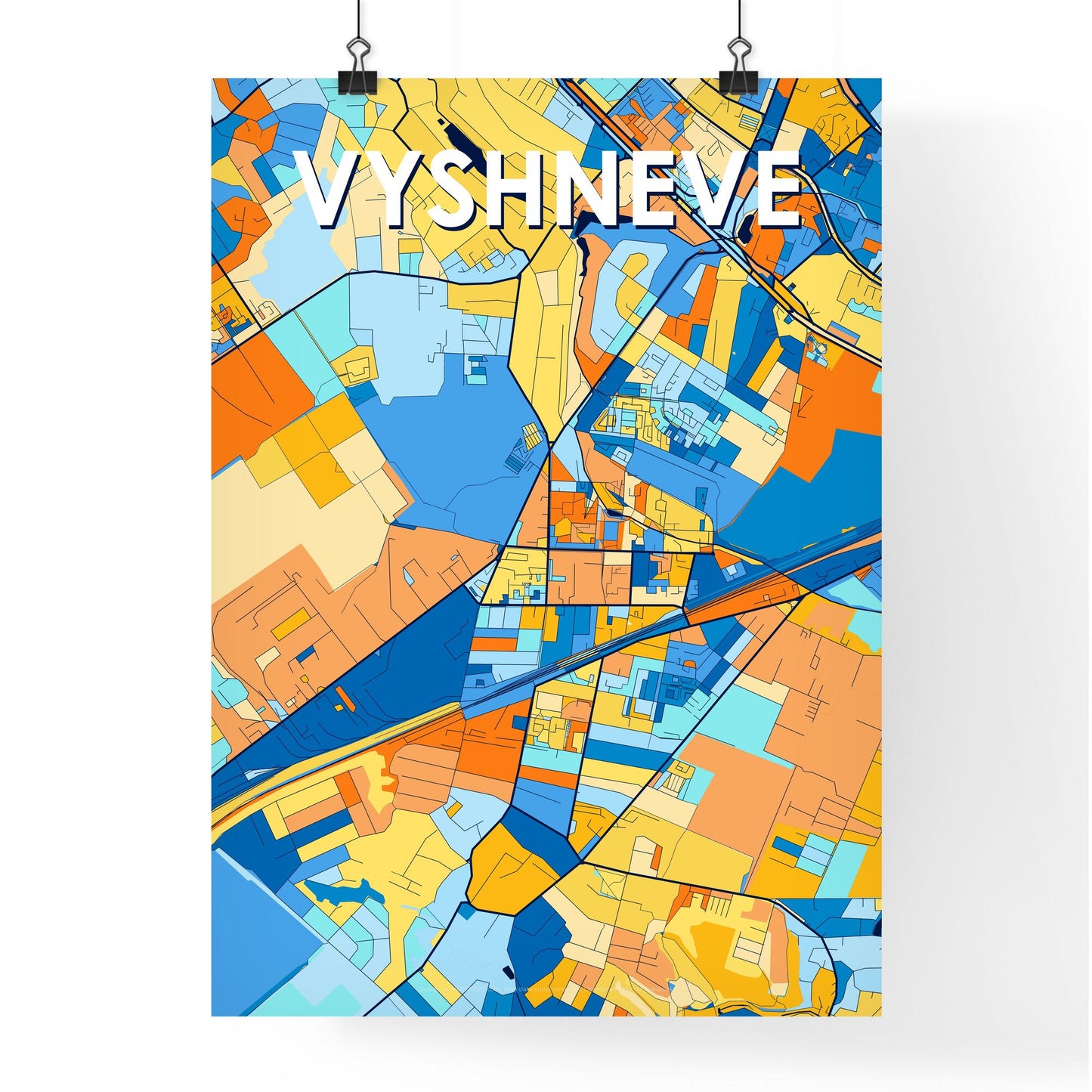 VYSHNEVE UKRAINE Vibrant Colorful Art Map Poster Blue Orange