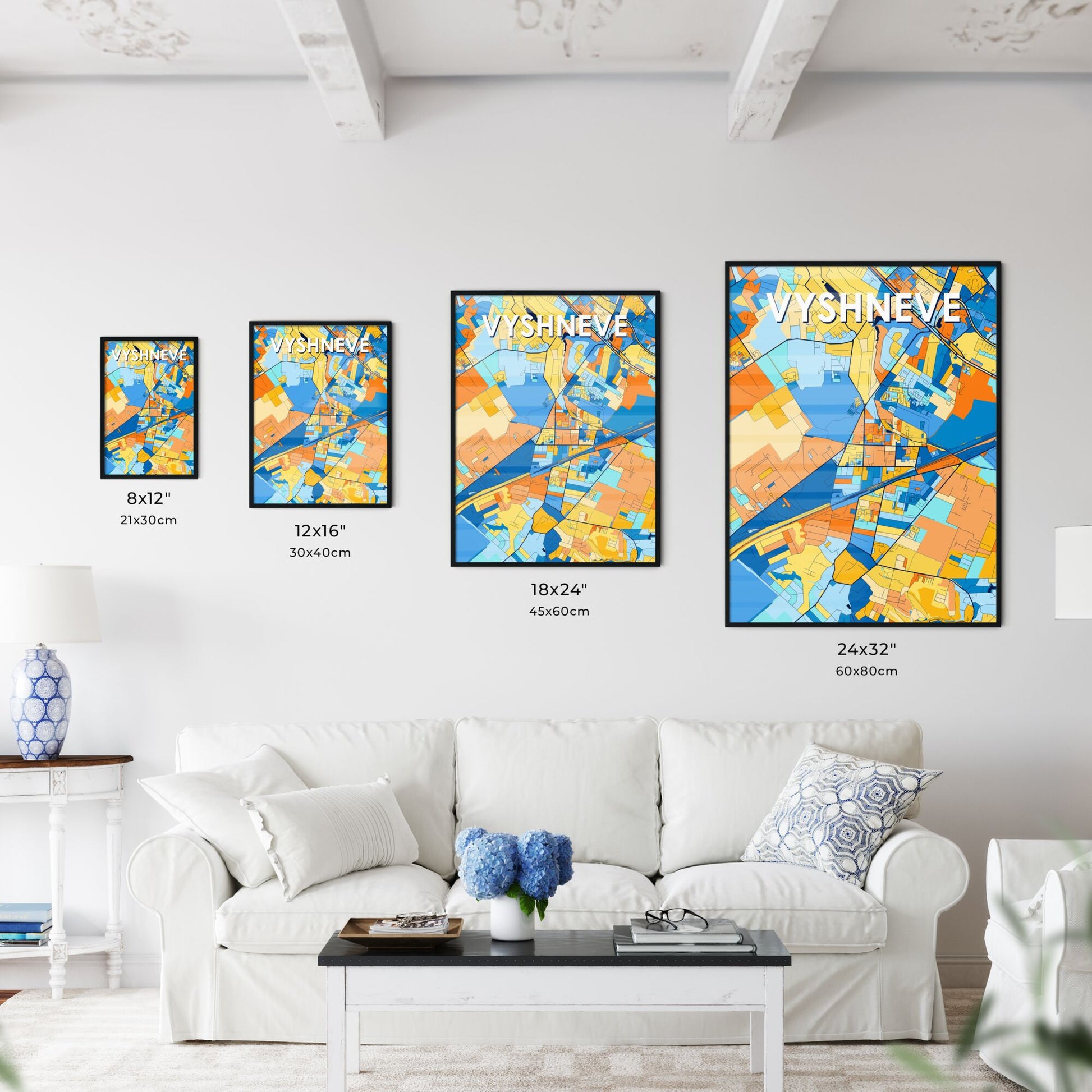 VYSHNEVE UKRAINE Vibrant Colorful Art Map Poster Blue Orange