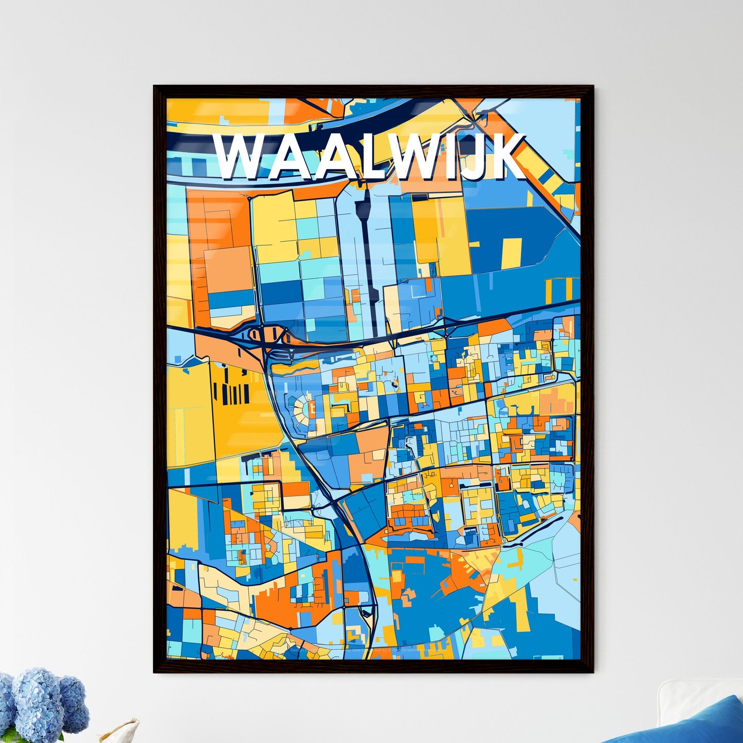 WAALWIJK NETHERLANDS Vibrant Colorful Art Map Poster Blue Orange