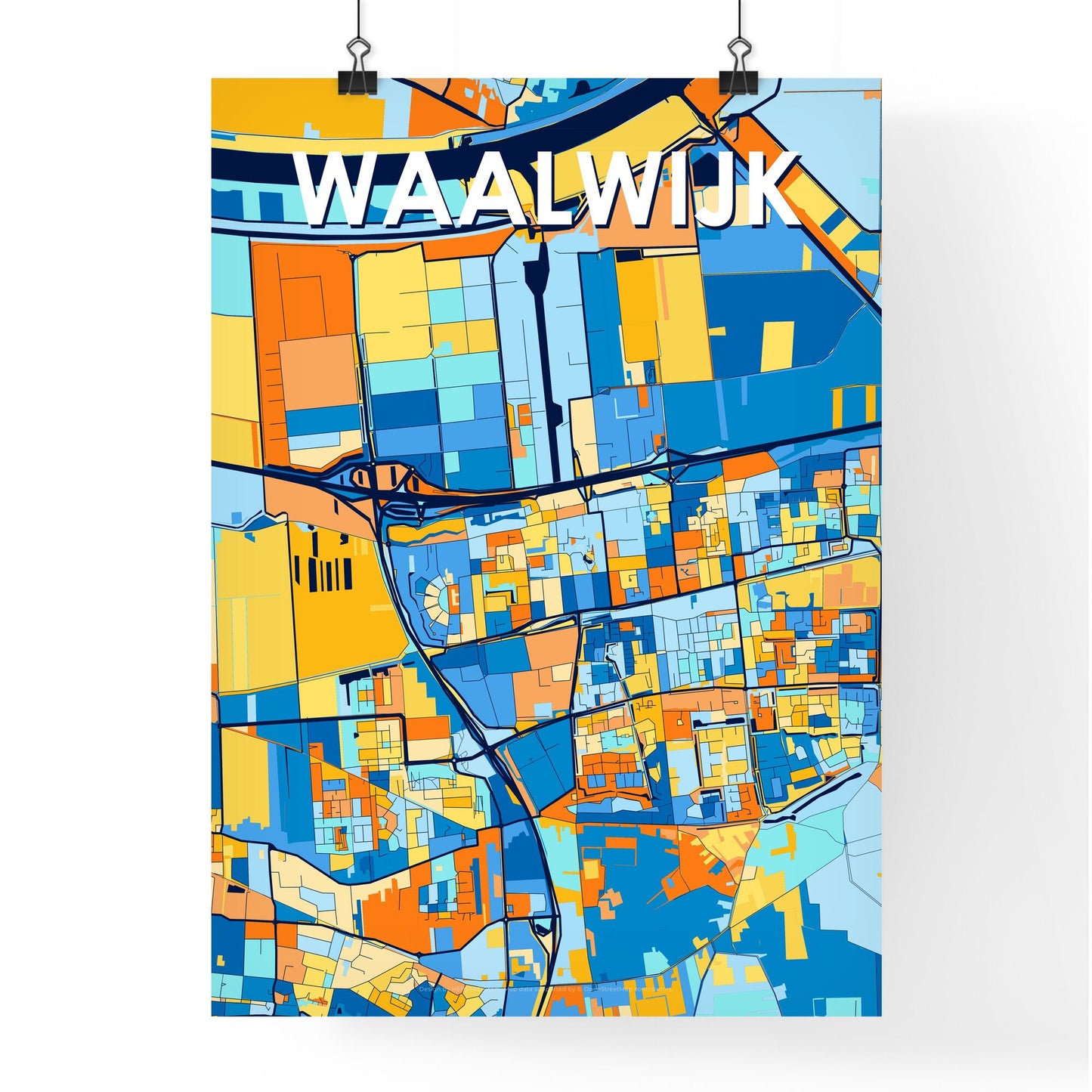 WAALWIJK NETHERLANDS Vibrant Colorful Art Map Poster Blue Orange