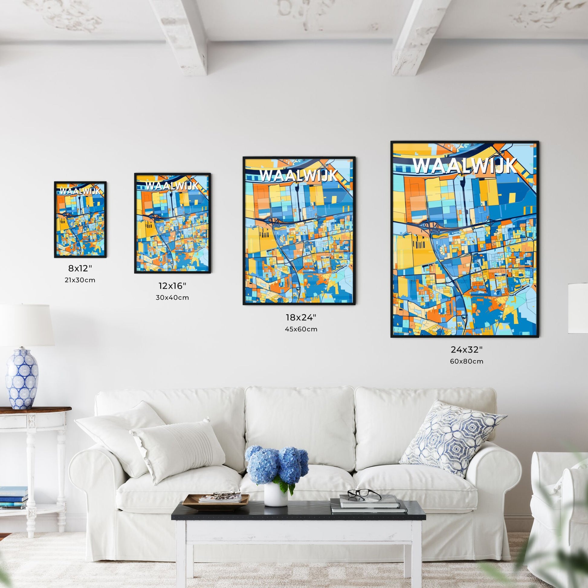 WAALWIJK NETHERLANDS Vibrant Colorful Art Map Poster Blue Orange