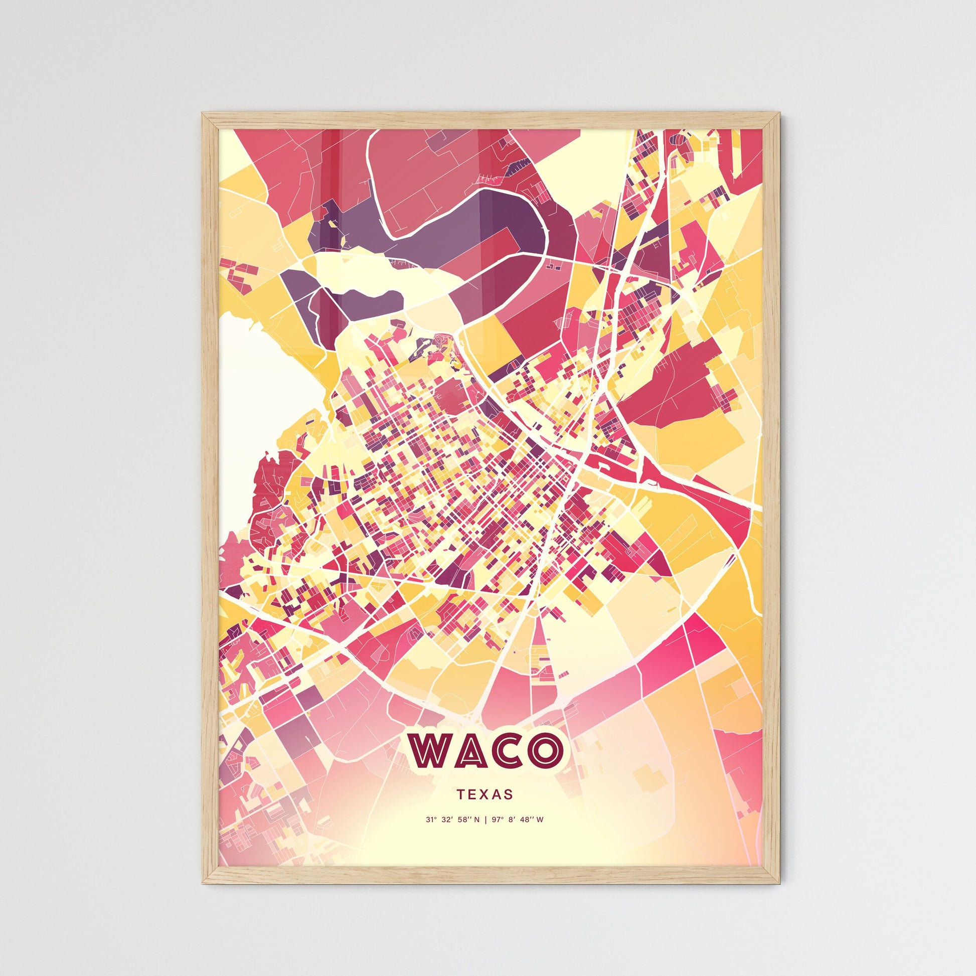 Colorful Waco Texas Fine Art Map Hot Red