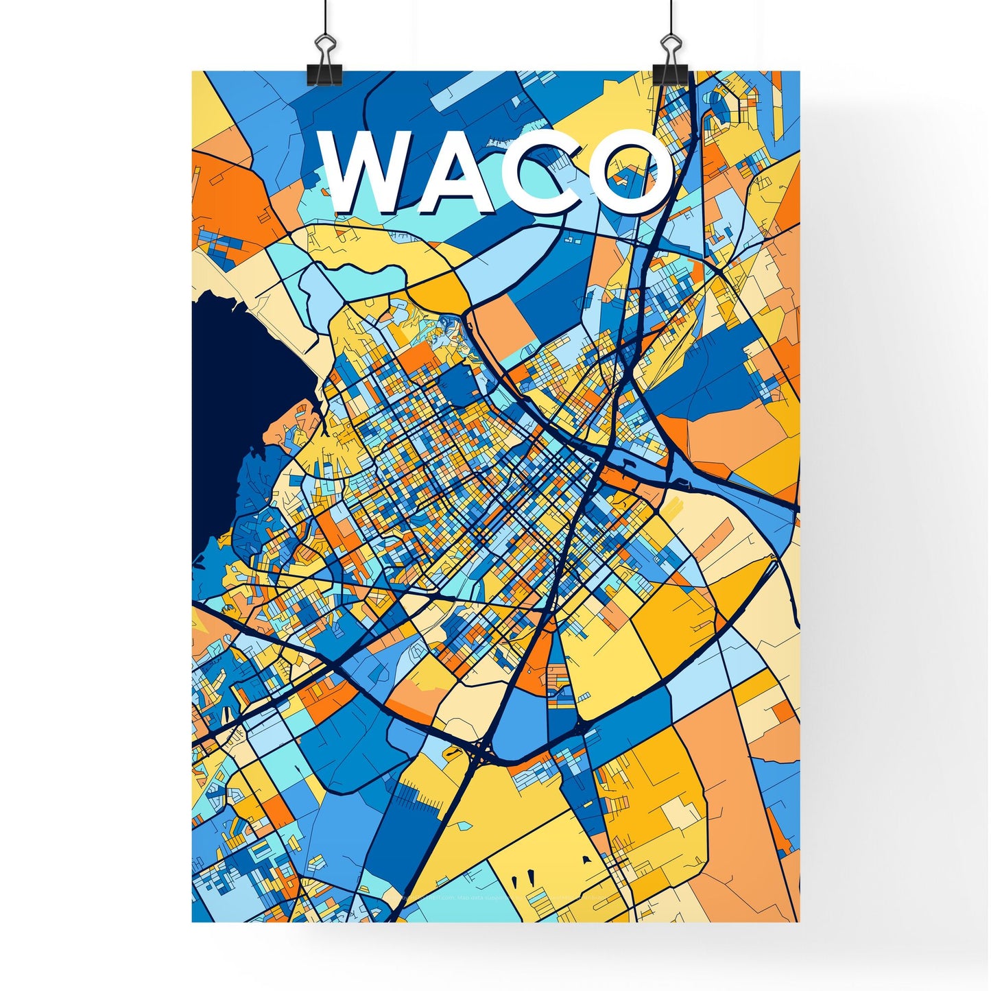 WACO TEXAS Vibrant Colorful Art Map Poster Blue Orange