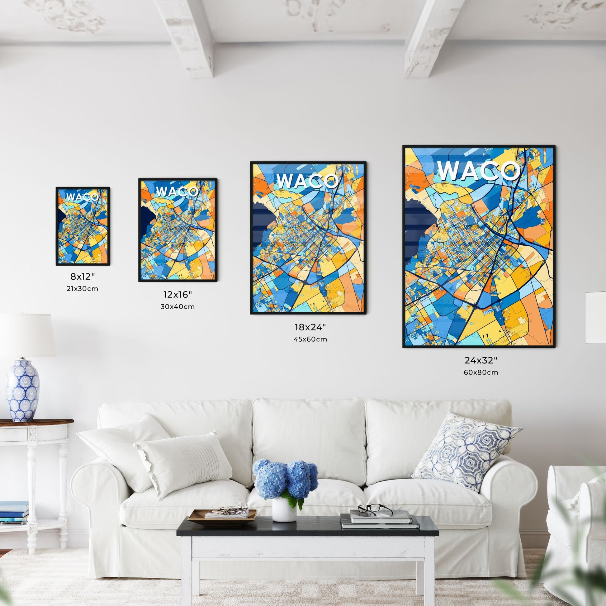 WACO TEXAS Vibrant Colorful Art Map Poster Blue Orange