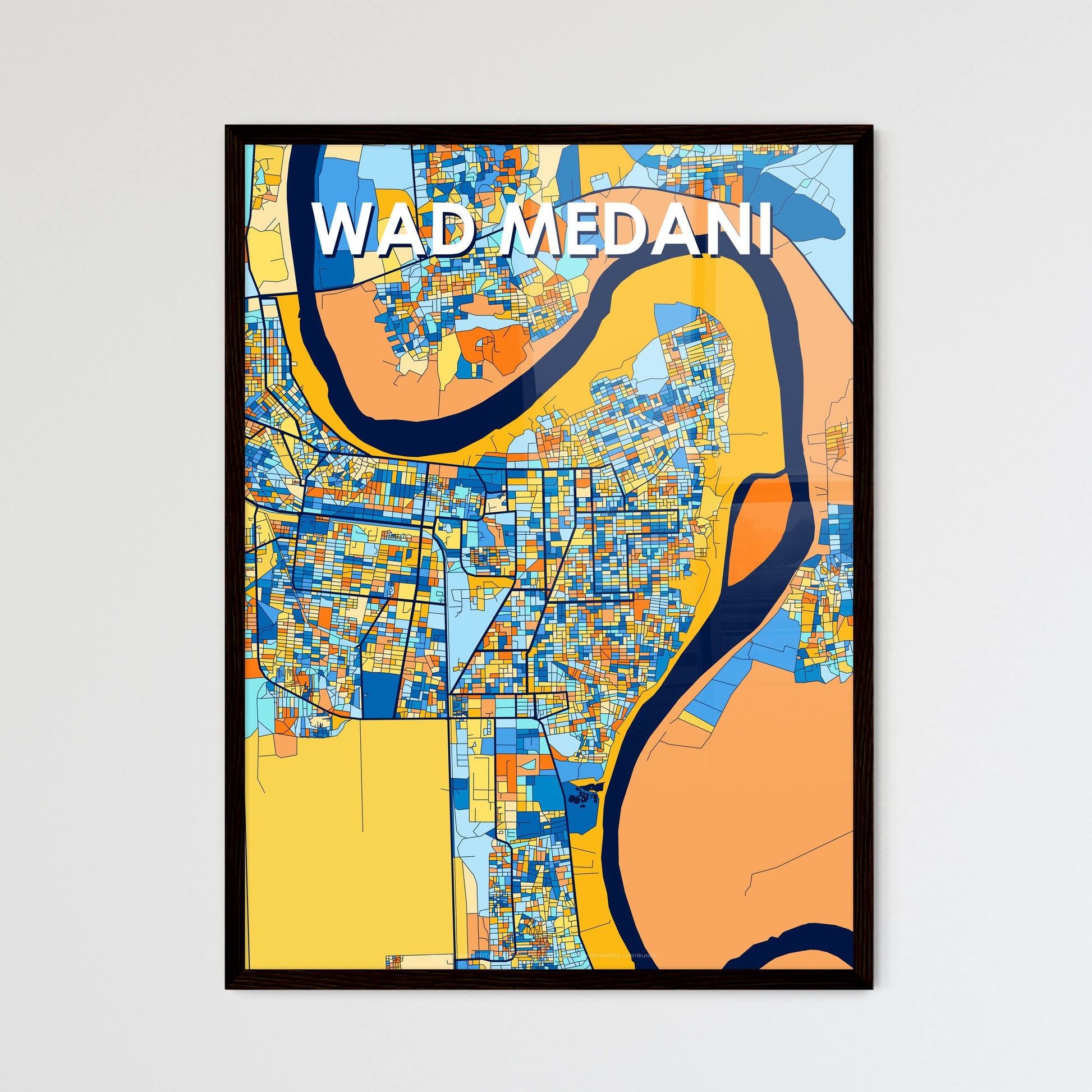 WAD MEDANI SUDAN Vibrant Colorful Art Map Poster Blue Orange