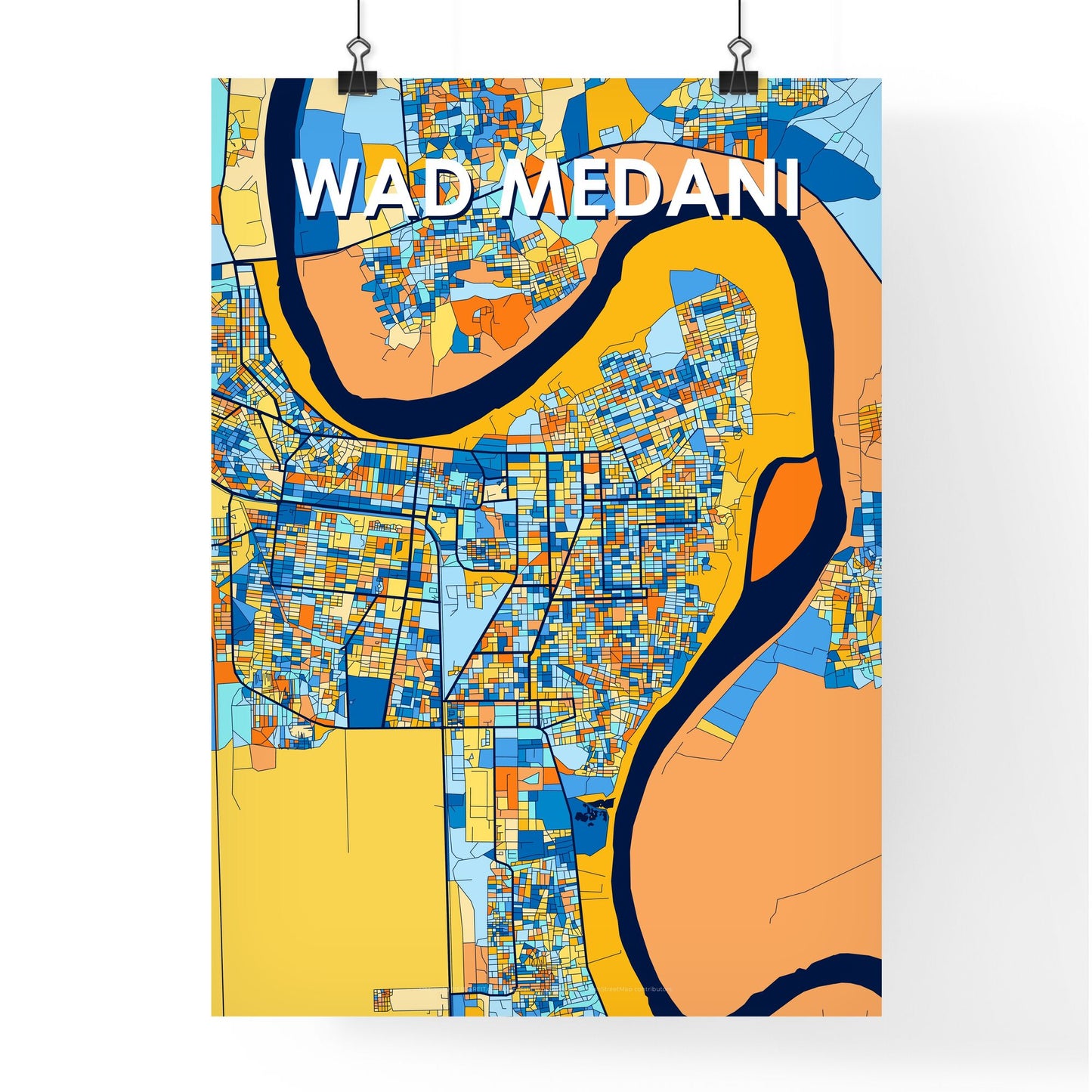 WAD MEDANI SUDAN Vibrant Colorful Art Map Poster Blue Orange