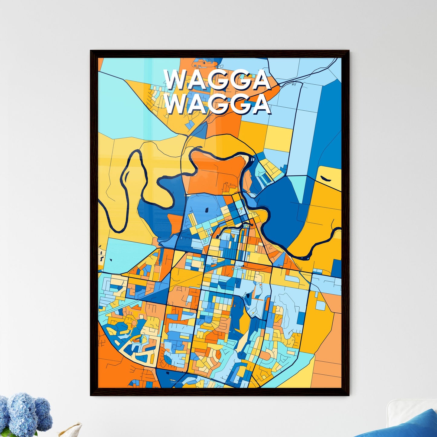 WAGGA WAGGA AUSTRALIA Vibrant Colorful Art Map Poster Blue Orange