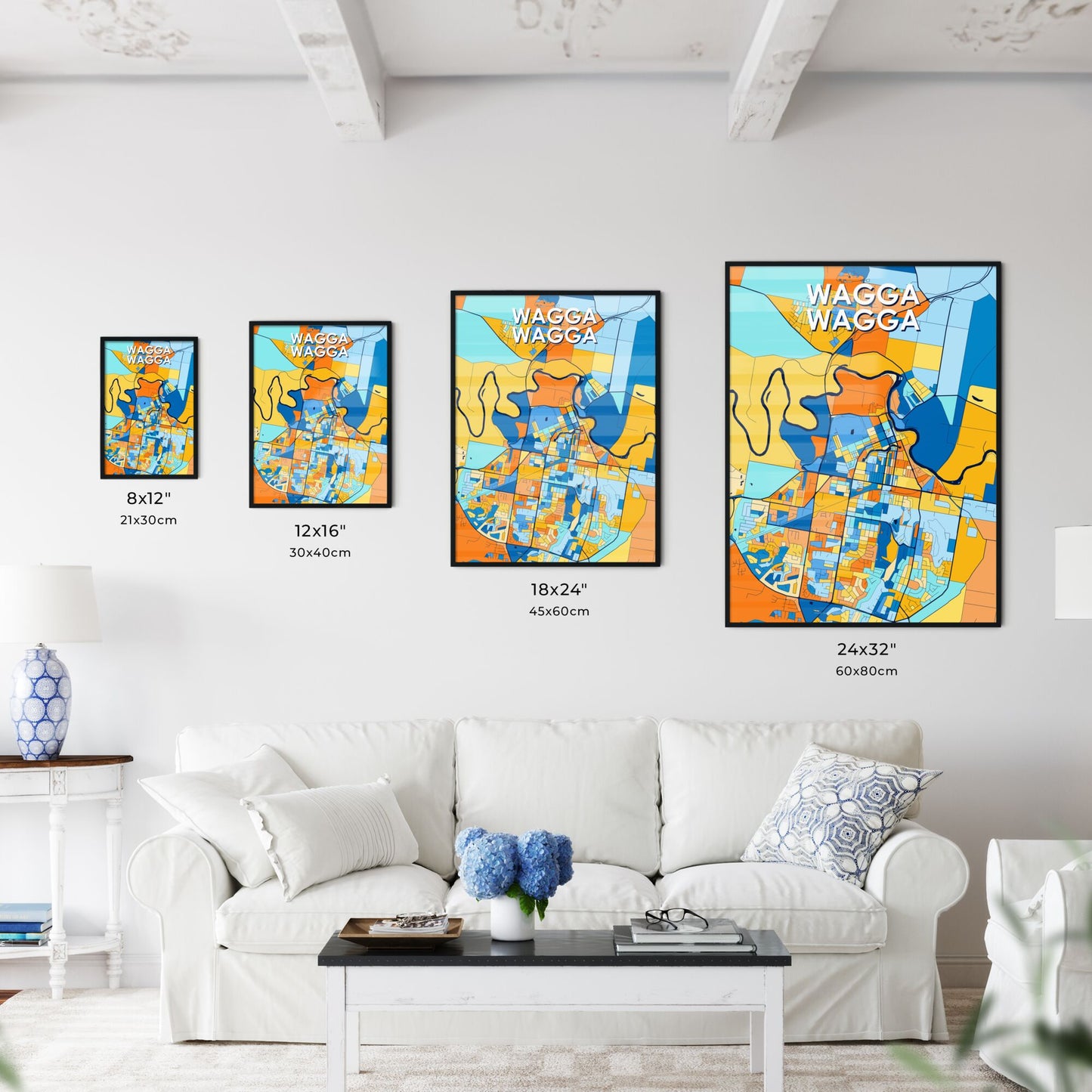 WAGGA WAGGA AUSTRALIA Vibrant Colorful Art Map Poster Blue Orange