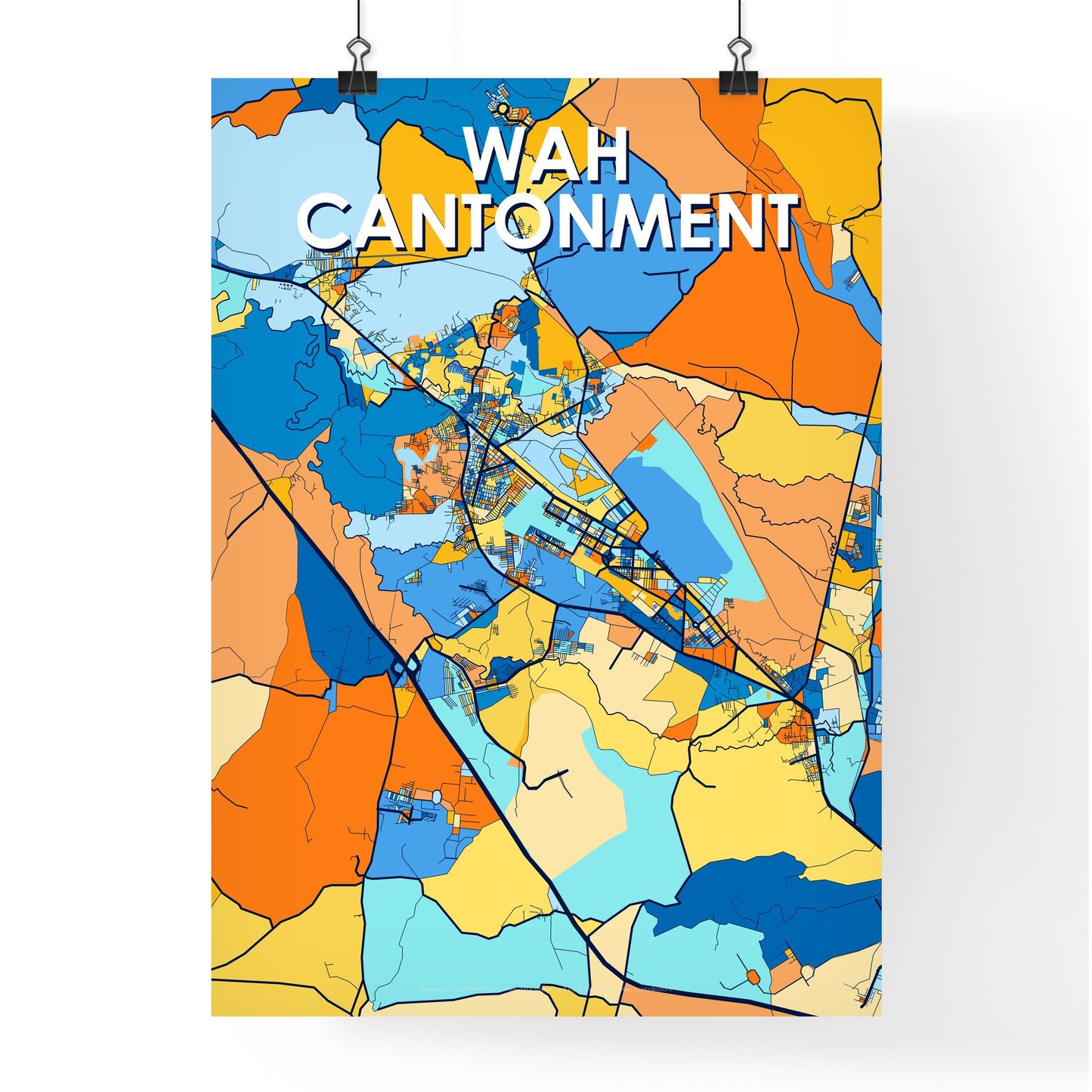 WAH CANTONMENT PAKISTAN Vibrant Colorful Art Map Poster Blue Orange