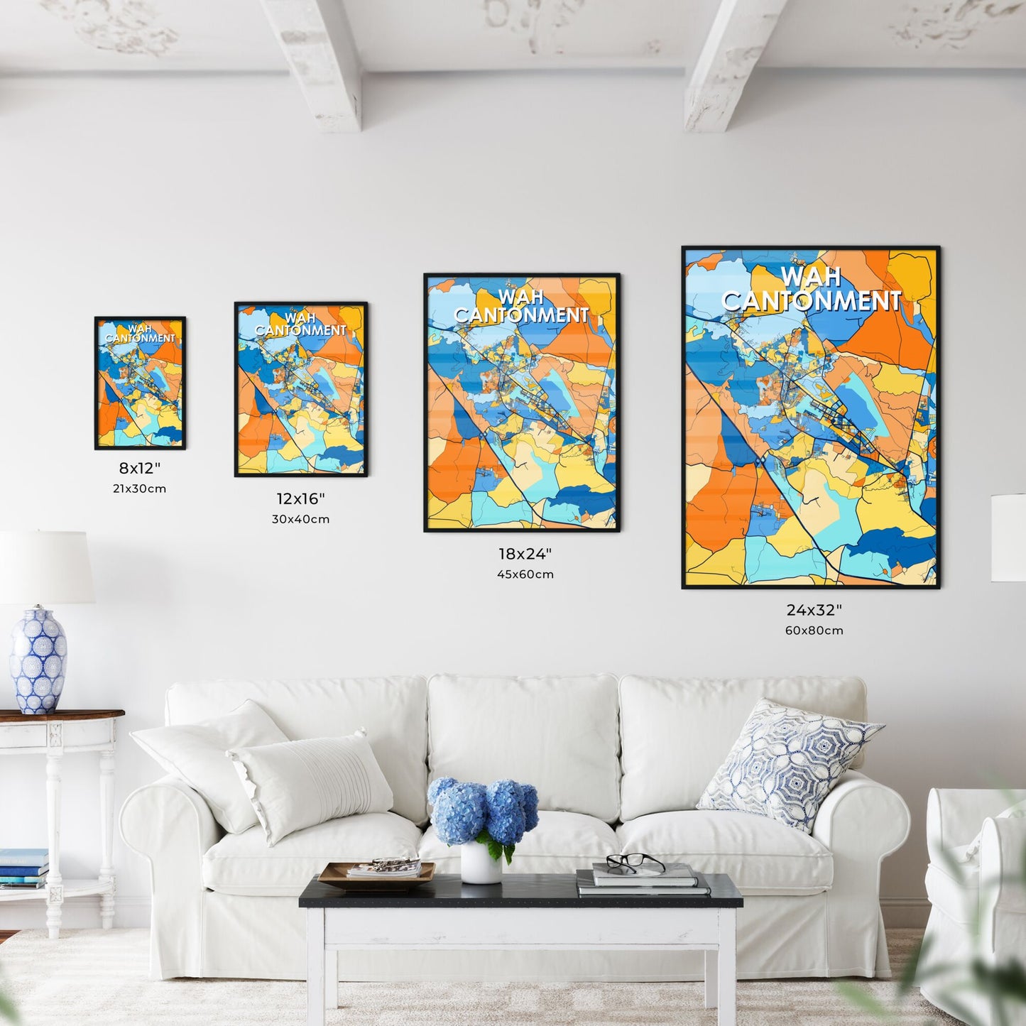 WAH CANTONMENT PAKISTAN Vibrant Colorful Art Map Poster Blue Orange