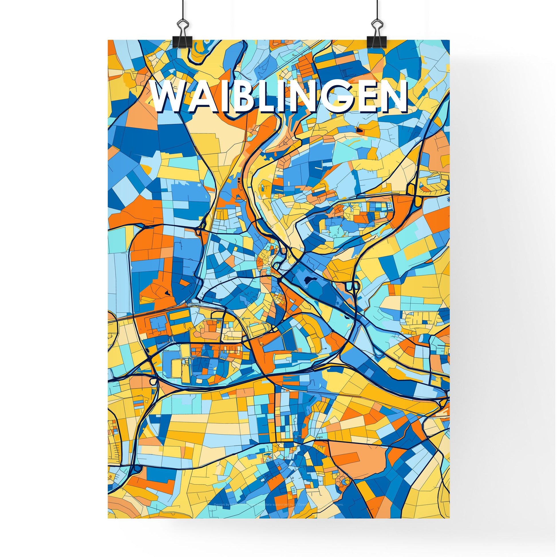 WAIBLINGEN GERMANY Vibrant Colorful Art Map Poster Blue Orange