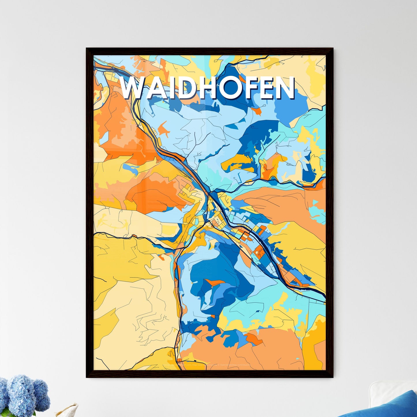 WAIDHOFEN AUSTRIA Vibrant Colorful Art Map Poster Blue Orange